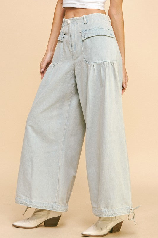 Davi & Dani Drawstring Hem Wide Leg Mid Rise Jeans-BOTTOM SIZES SMALL MEDIUM LARGE-[Adult]-[Female]-2022 Online Blue Zone Planet