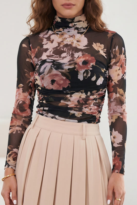 Brown Floral Mesh Long Sleeve High Neck Bodysuit-Tops/Bodysuits-[Adult]-[Female]-Brown-S-2022 Online Blue Zone Planet