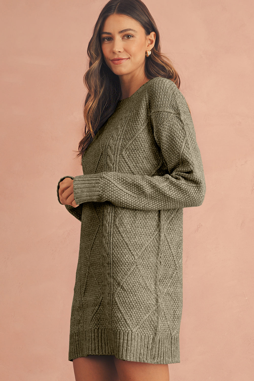 Black Twist Cable Knit Drop Shoulder Loose Fit Sweater Dress-Sweater Dresses-[Adult]-[Female]-2022 Online Blue Zone Planet