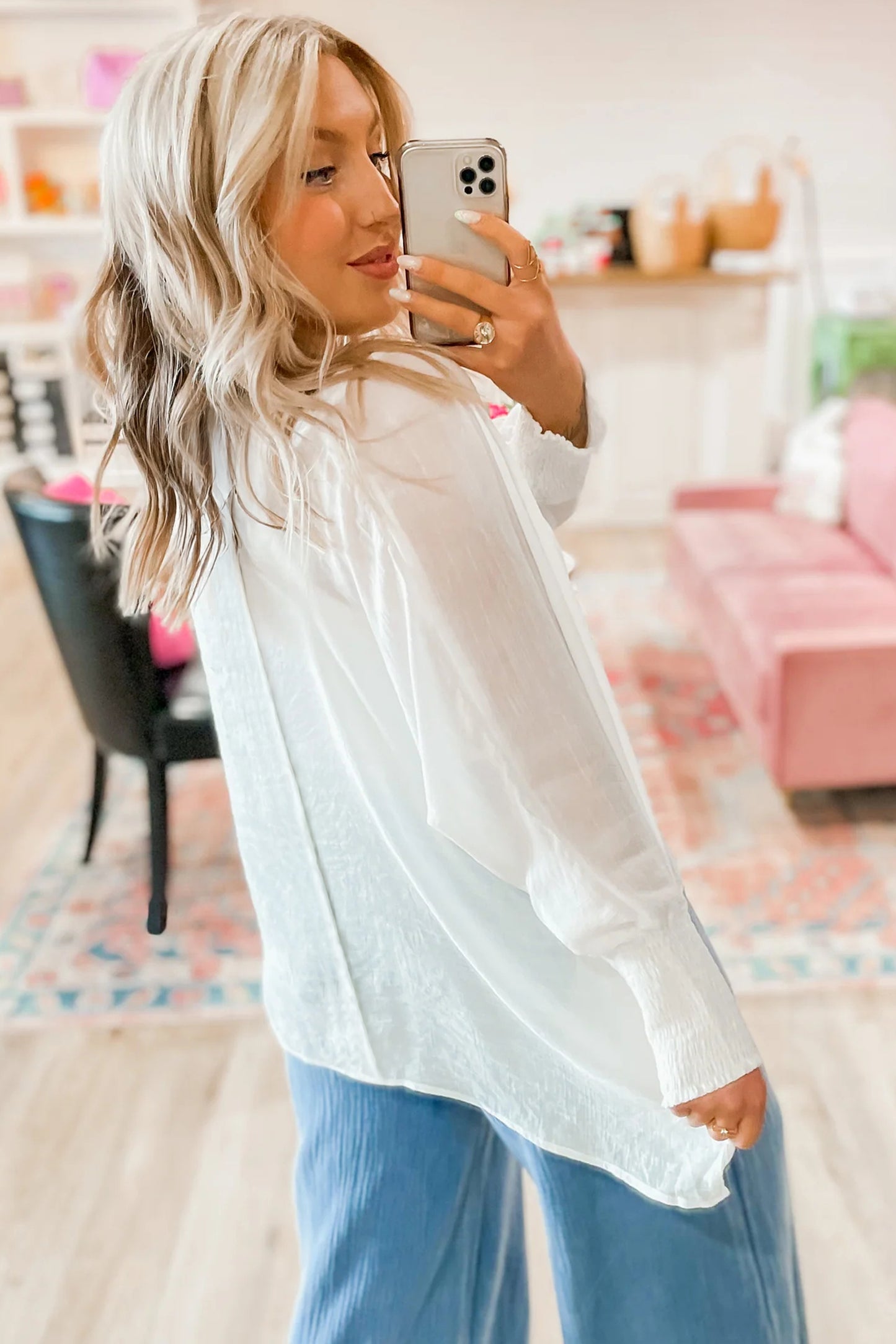 White Smocked Cuffs Semi Sheer Long Sleeve Dolman Blouse-Tops/Blouses & Shirts-[Adult]-[Female]-2022 Online Blue Zone Planet