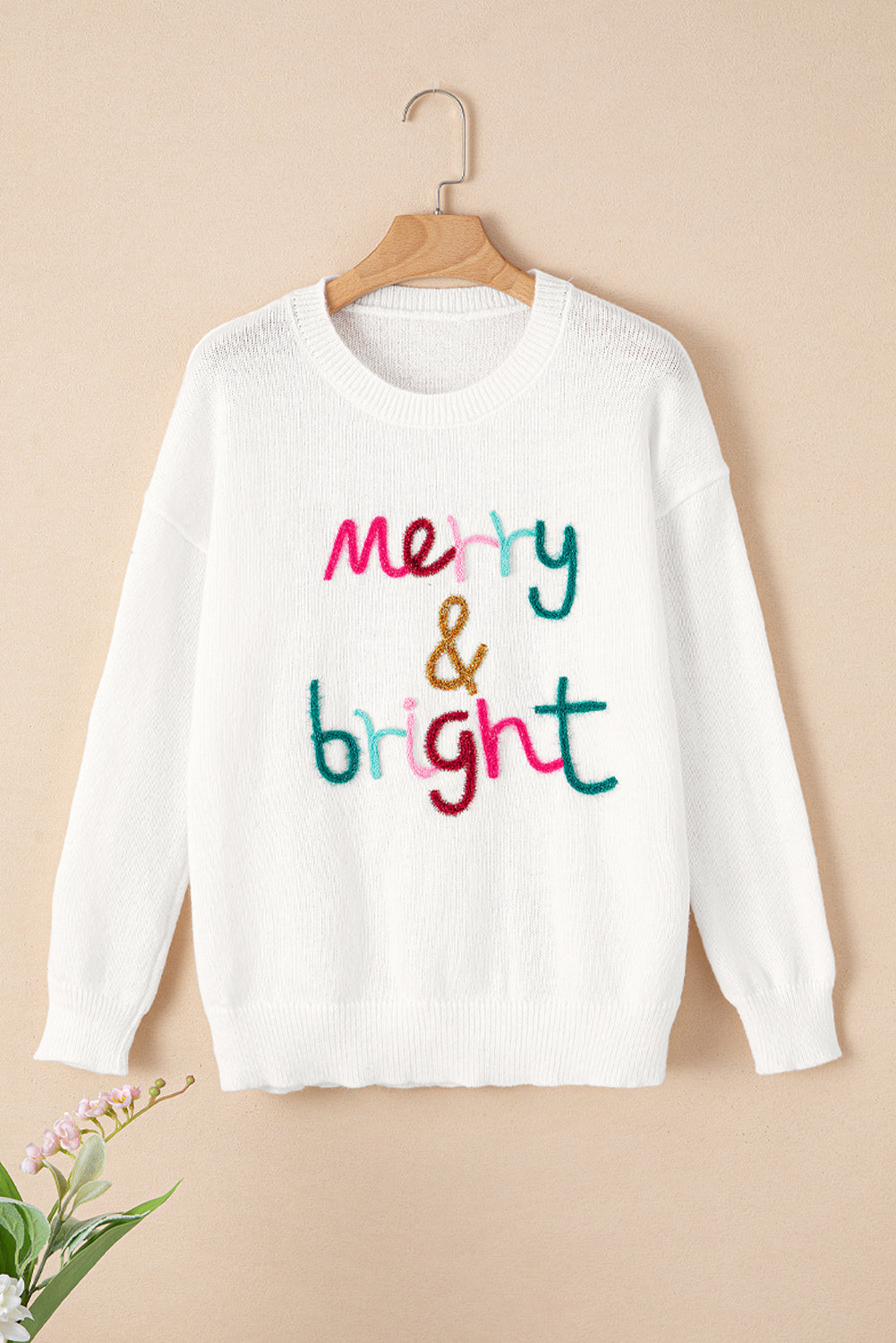 White Glitter Merry & Bright Round Neck Knit Sweater-Sweaters-[Adult]-[Female]-2022 Online Blue Zone Planet