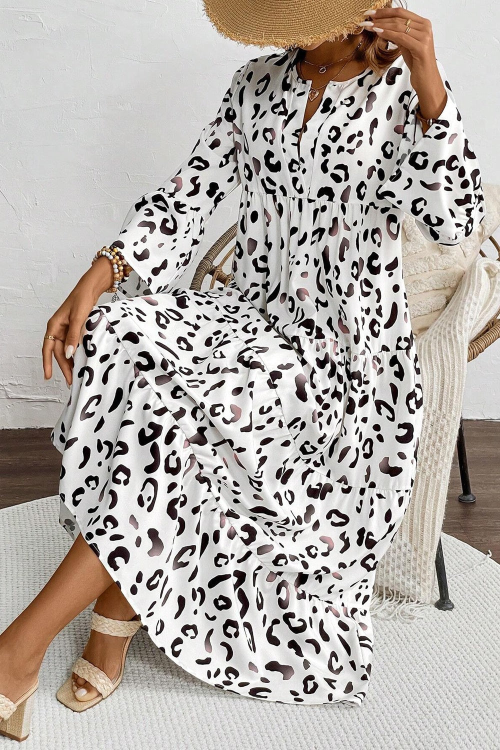 Leopard Notched Long Sleeve Dress-TOPS / DRESSES-[Adult]-[Female]-2022 Online Blue Zone Planet
