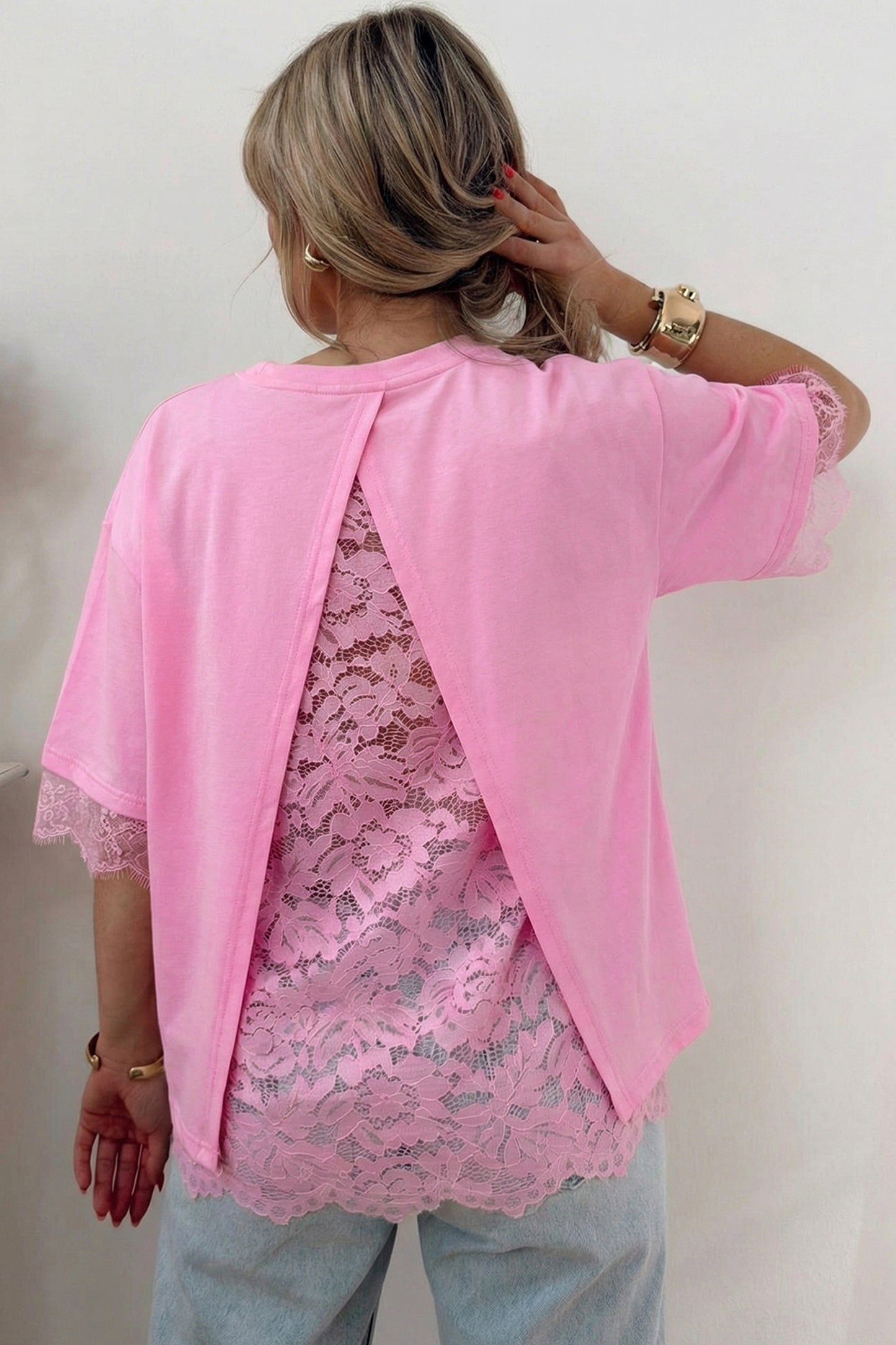 Pink Eyelash Floral Lace Patchwork Half Sleeve Oversize Tee-Tops/Tops & Tees-[Adult]-[Female]-2022 Online Blue Zone Planet
