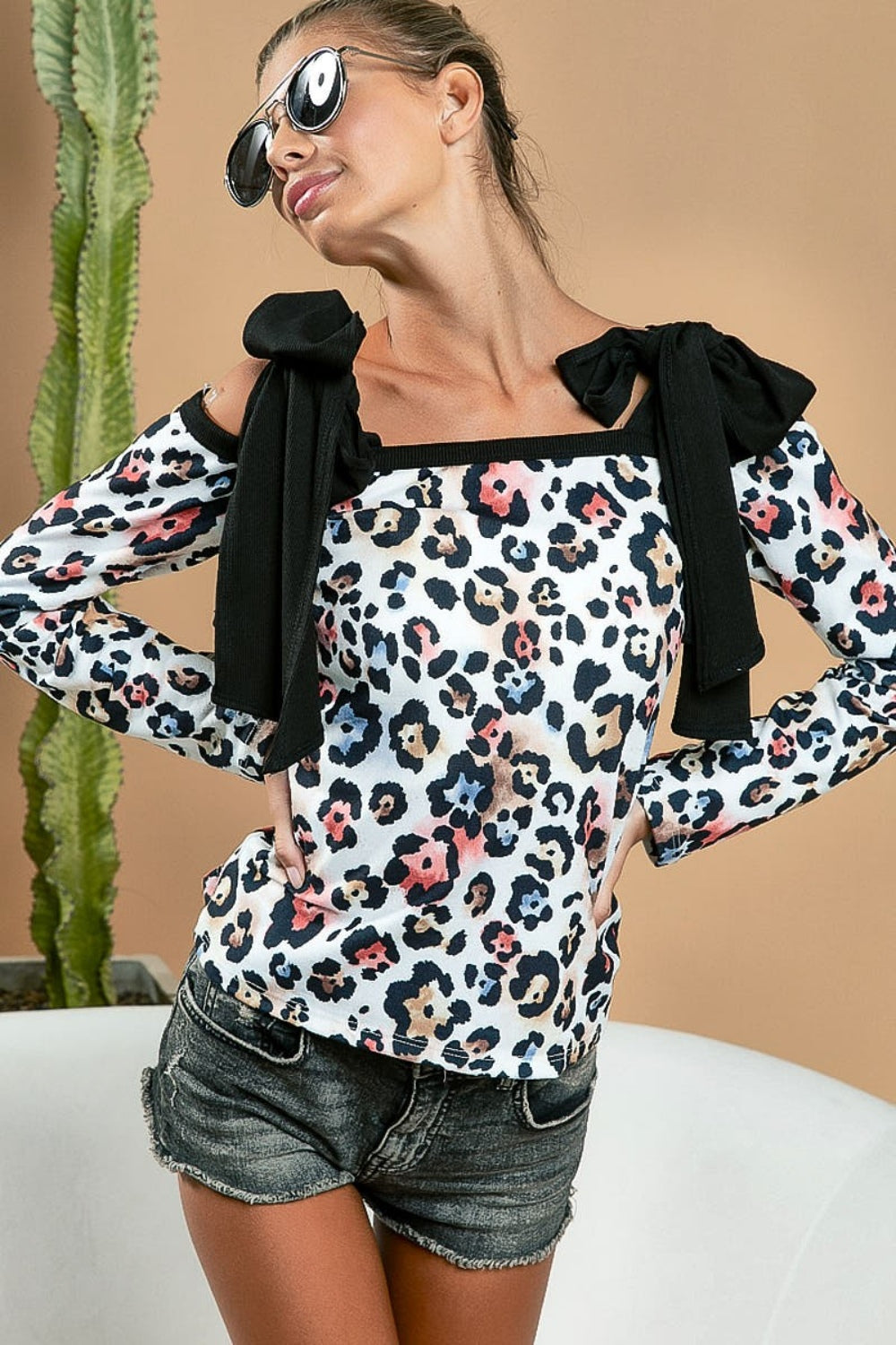 BiBi Leopard Shoulder Tie Long Sleeve Top-TOPS / DRESSES-[Adult]-[Female]-2022 Online Blue Zone Planet