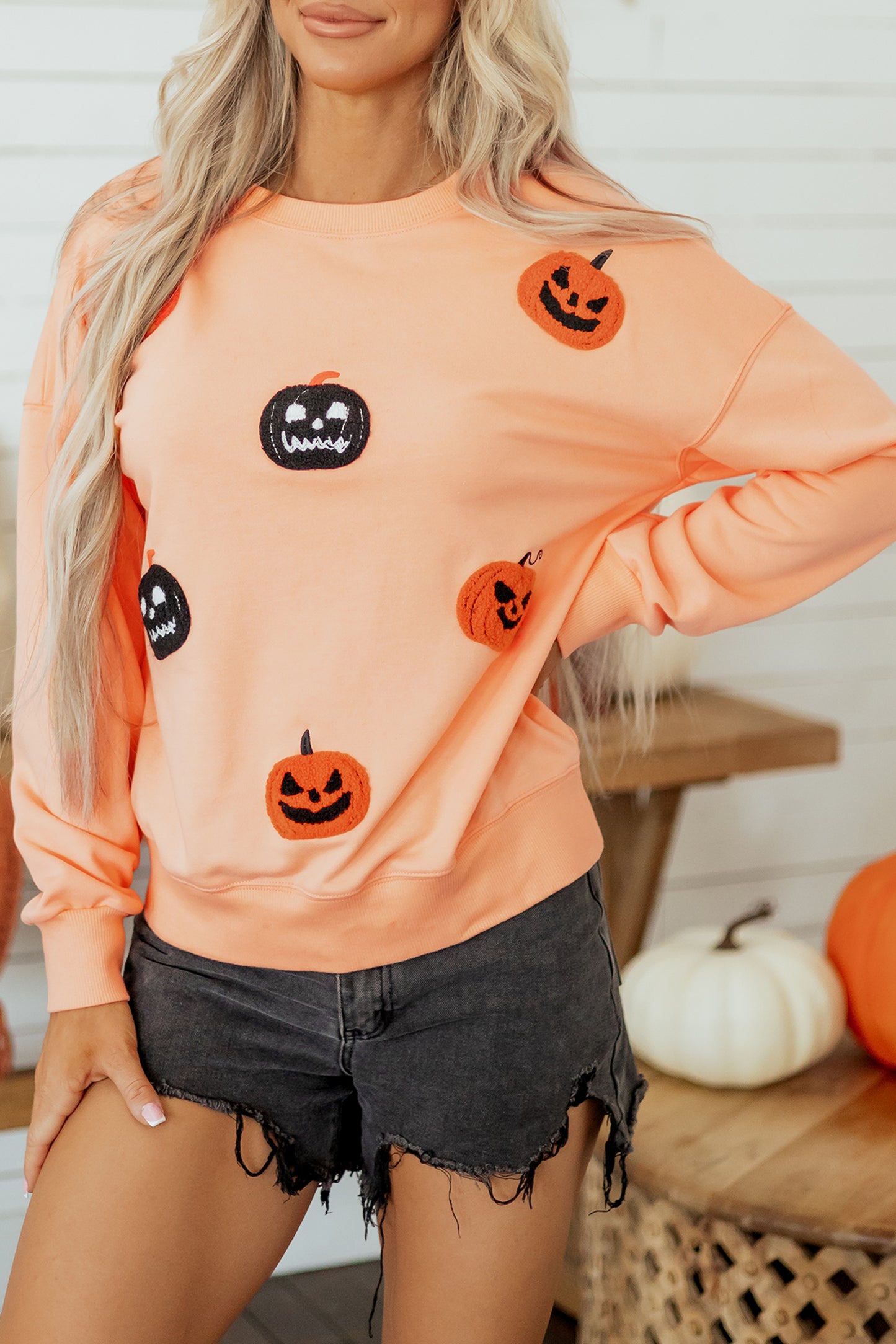 Orange Embroidered Pumpkin Face Drop Shoulder Sweatshirt-Tops/Sweatshirts & Hoodies-[Adult]-[Female]-2022 Online Blue Zone Planet