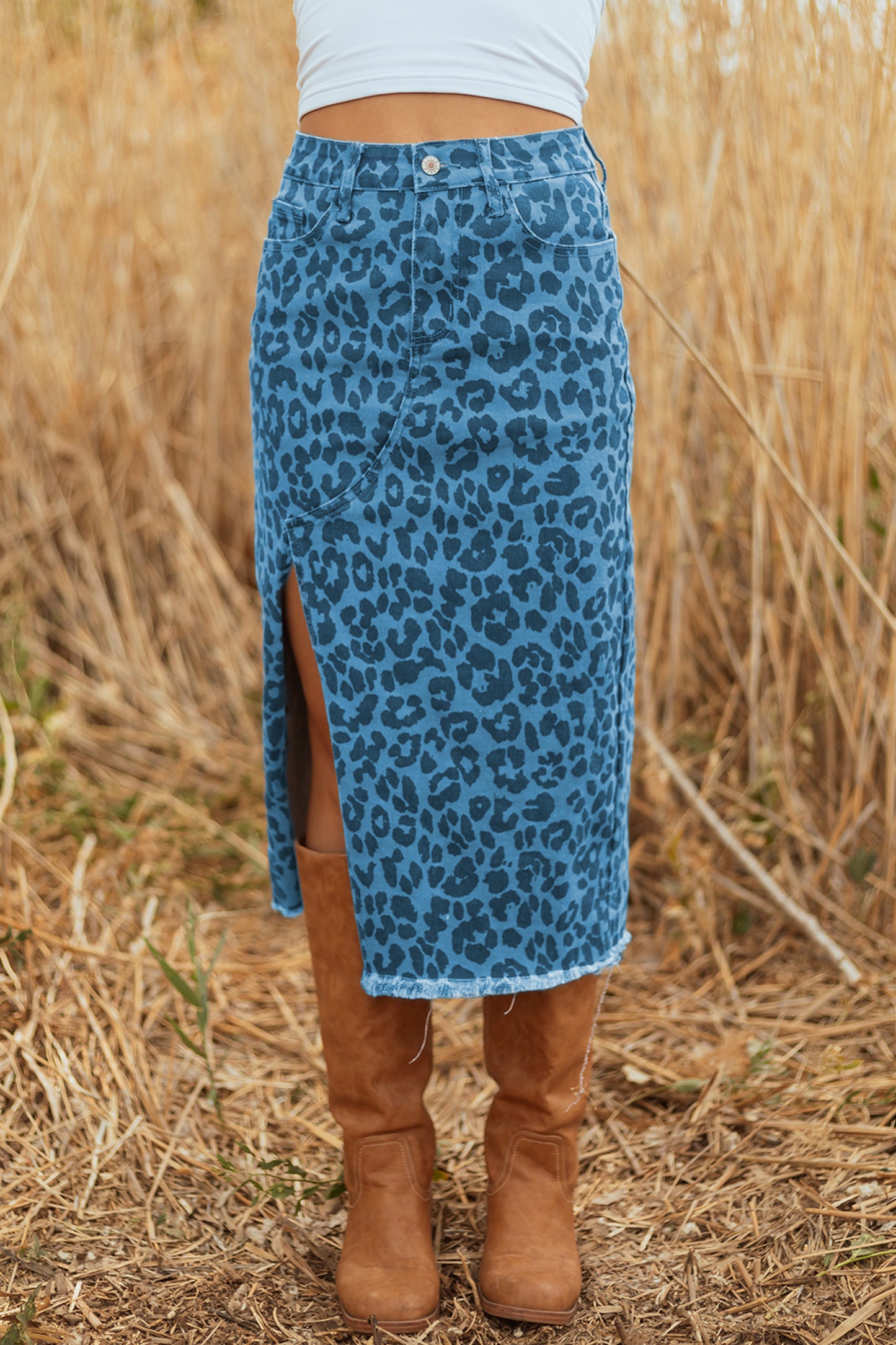 Sky Blue Leopard Denim Frayed Split Denim Midi Skirt-Bottoms/Skirts & Petticoat-[Adult]-[Female]-2022 Online Blue Zone Planet