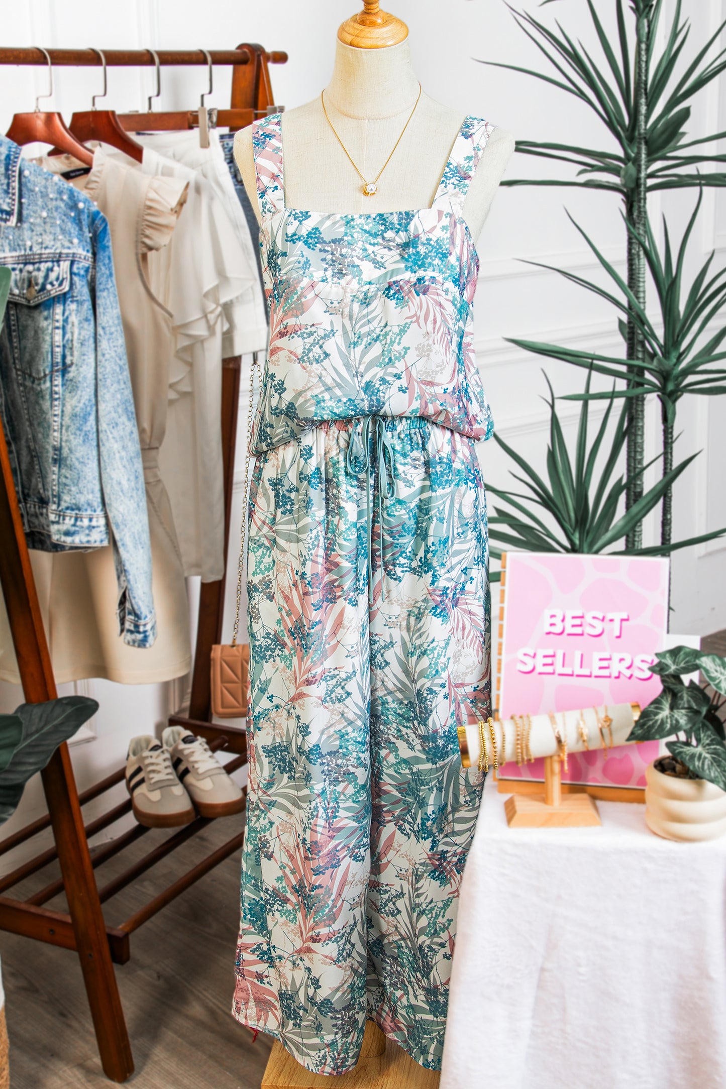 Green Tropical Palm Printed Cropped Tank Drawstring Wide Leg Pant Set-Two Piece Sets/Pant Sets-[Adult]-[Female]-2022 Online Blue Zone Planet