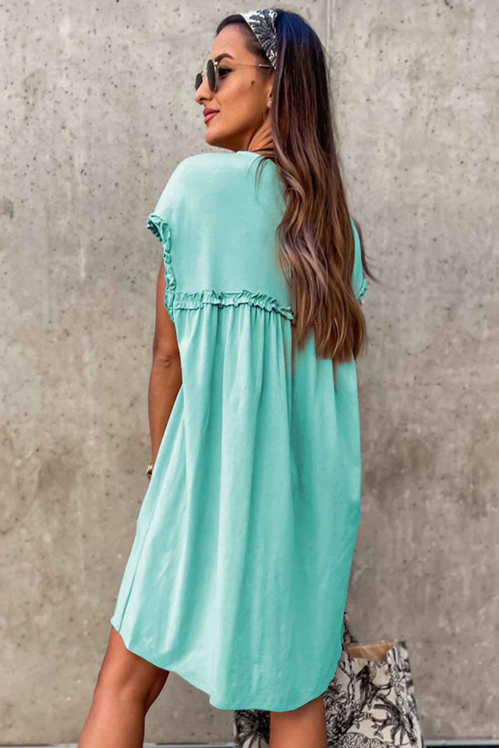 Mint Green Frilled Trim Crew Neck Loose Fit Mini Dress-Dresses/Mini Dresses-[Adult]-[Female]-2022 Online Blue Zone Planet