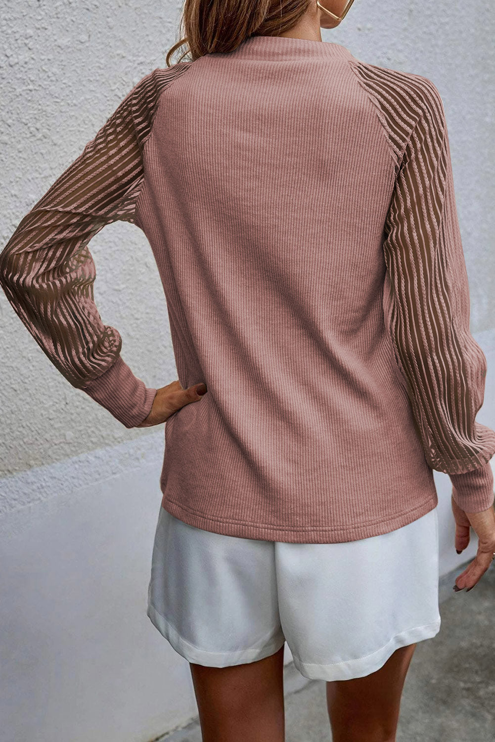 Pink Black Striped Mesh Long Sleeve Crewneck Ribbed Top-Tops/Long Sleeve Tops-[Adult]-[Female]-2022 Online Blue Zone Planet