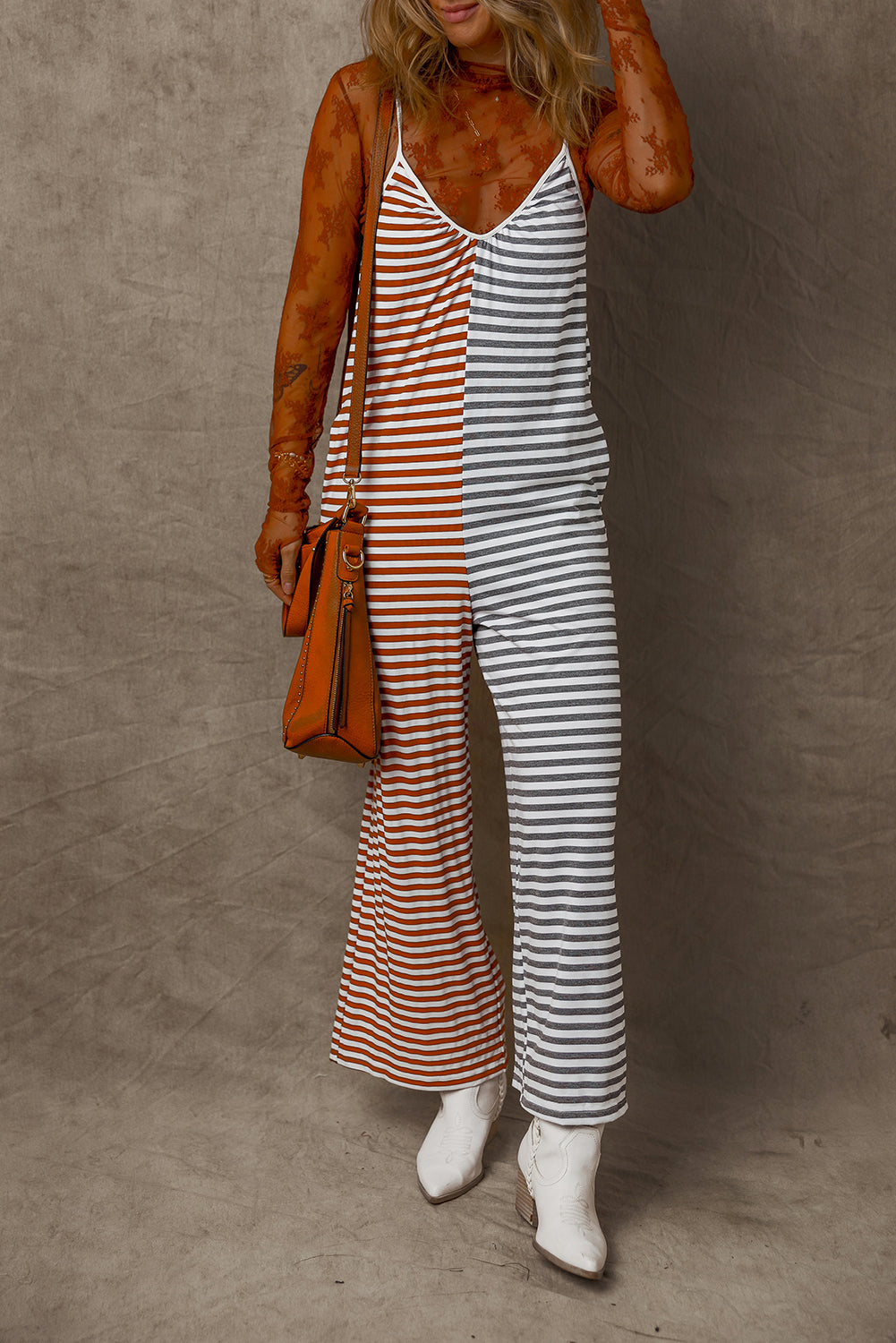 Yellow Stripe Two Tone Contrast Spaghetti Strap Backless Overall-Bottoms/Jumpsuits & Rompers-[Adult]-[Female]-2022 Online Blue Zone Planet