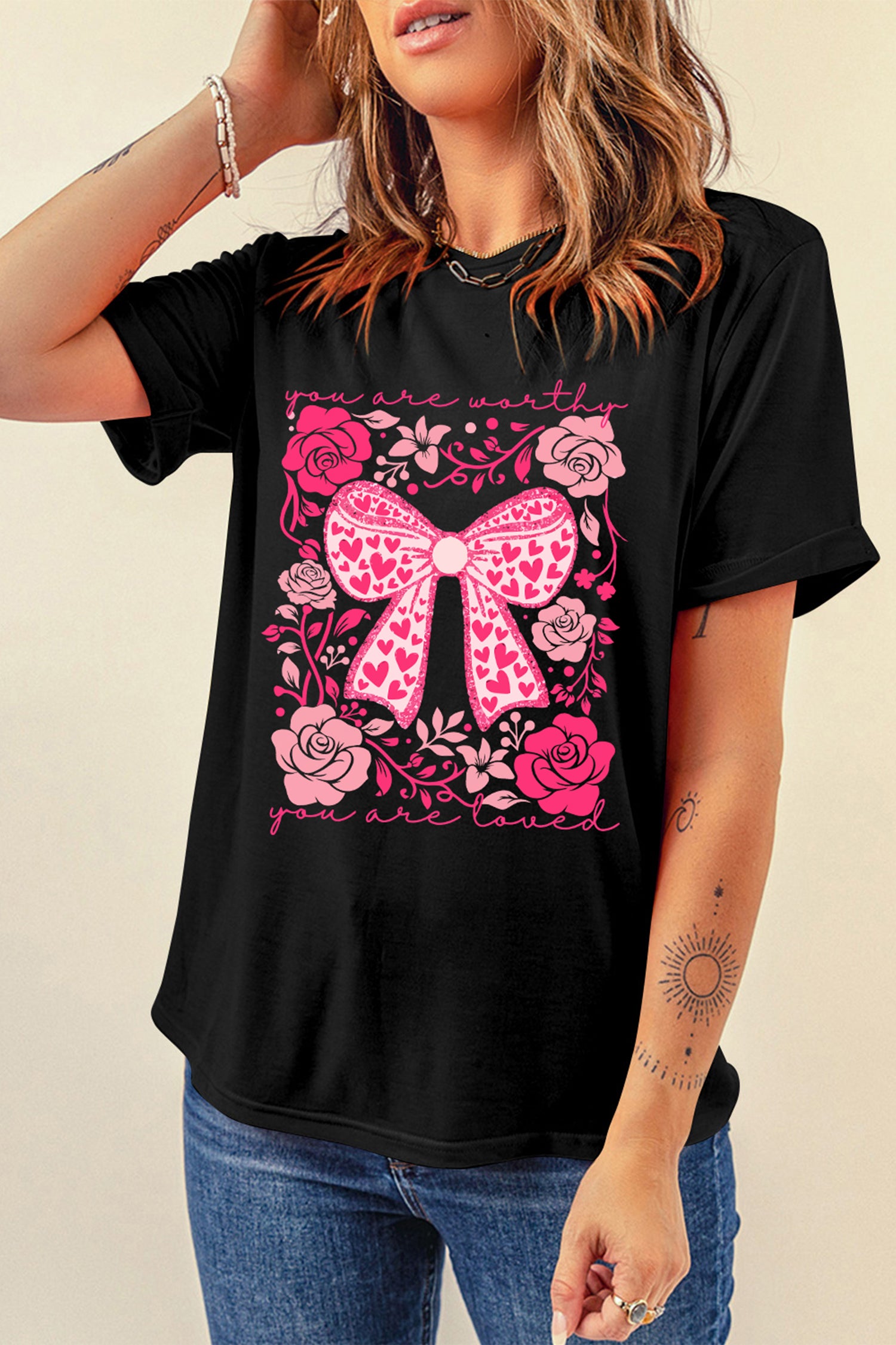 Black Valentines Day Slogan Floral And Bow Printed T Shirt-Graphic Tees-[Adult]-[Female]-2022 Online Blue Zone Planet