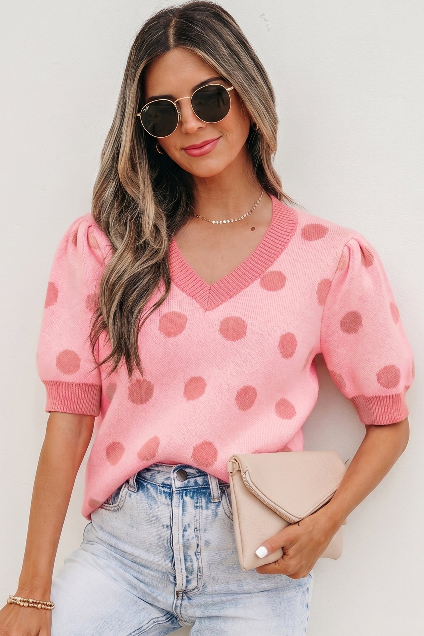Rose Red Polka Dot Puff Short Sleeve Sweater Top-Sweaters & Cardigans/Short Sleeve Sweaters-[Adult]-[Female]-2022 Online Blue Zone Planet