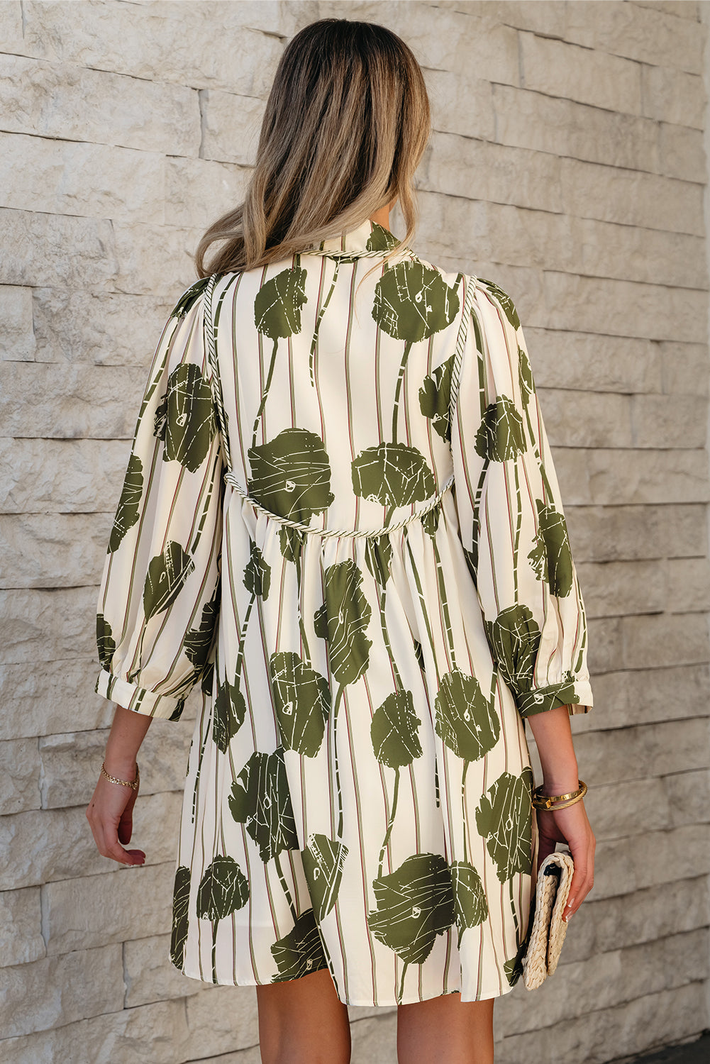 Blue Zone Planet | Guacamole Green Floral Striped Print Contrast Piping Puff Sleeve Dress-TOPS / DRESSES-[Adult]-[Female]-2022 Online Blue Zone Planet