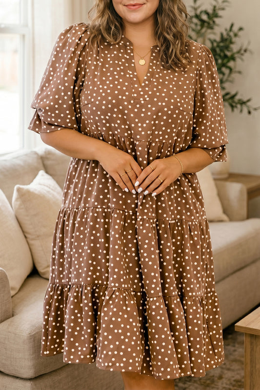 Brown V Neck Polka Dot Long Sleeve Shift Plus Size Dress-TOPS / DRESSES-[Adult]-[Female]-Brown-1X-2022 Online Blue Zone Planet