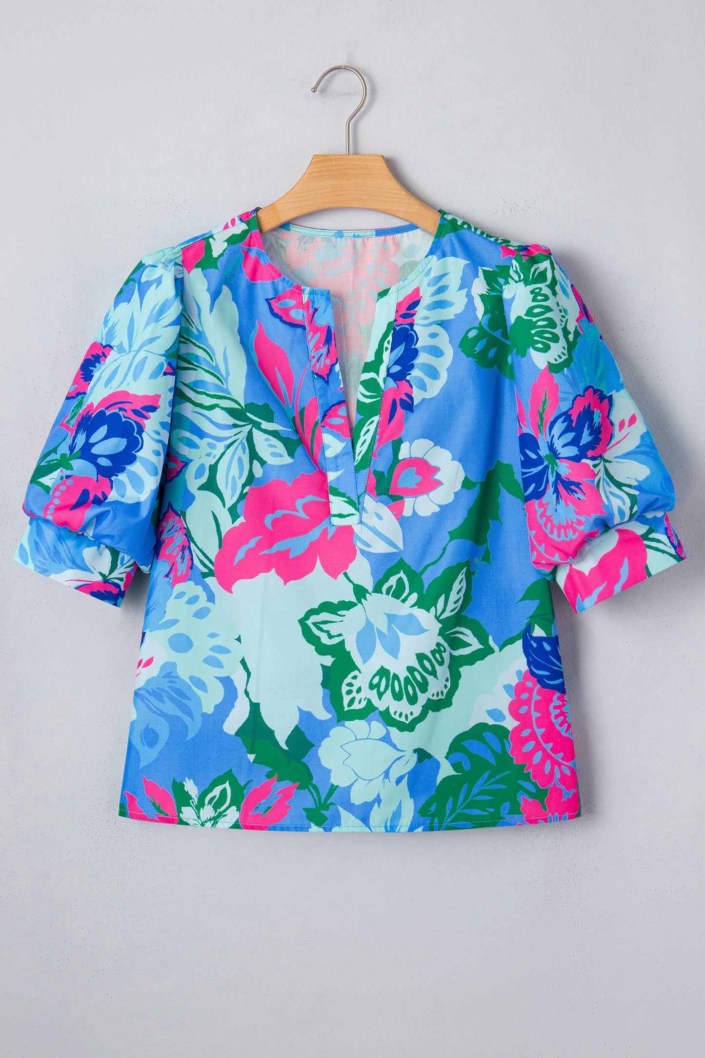 Sky Blue Floral Print V Neck Half Sleeve Blouse-Tops/Blouses & Shirts-[Adult]-[Female]-2022 Online Blue Zone Planet