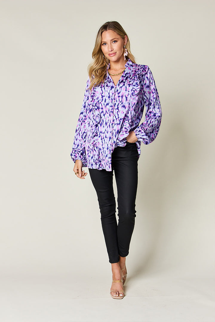 Blue Zone Planet | Double Take Full Size Printed Ruffle Trim Balloon Sleeve Shirt-TOPS / DRESSES-[Adult]-[Female]-2022 Online Blue Zone Planet