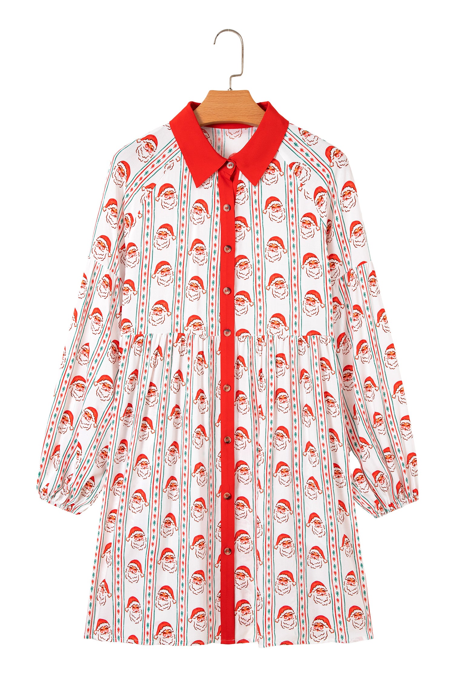 White Father Christmas Contrast Collar Button Front Long Sleeve A-line Mini Dress-TOPS / DRESSES-[Adult]-[Female]-2022 Online Blue Zone Planet