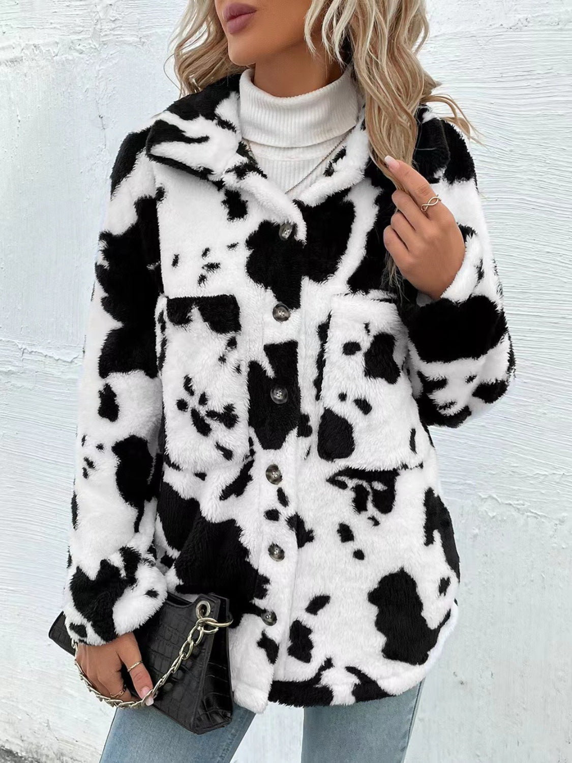 Cow Print Collared Neck Button Up Fuzzy Jacket-TOPS / DRESSES-[Adult]-[Female]-2022 Online Blue Zone Planet