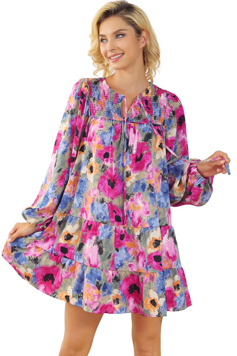 Blue Zone Planet | Multicolour Floral Tie Neck Bubble Sleeve Shift Dress-TOPS / DRESSES-[Adult]-[Female]-2022 Online Blue Zone Planet