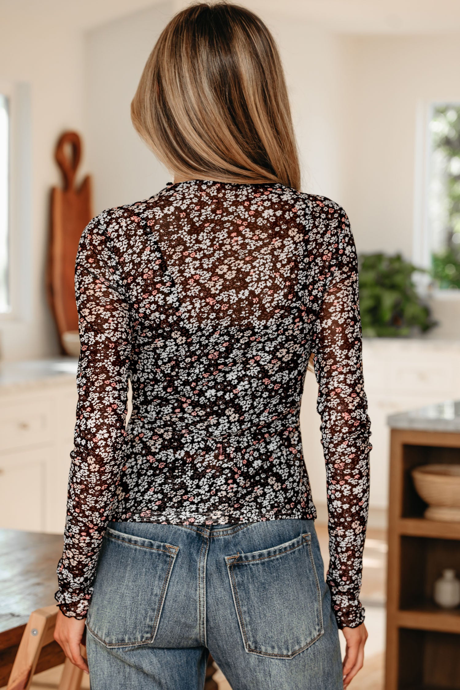 Black Ditsy Floral Mesh Thumbhole Sleeve Slim Fit Top-Tops/Long Sleeve Tops-[Adult]-[Female]-2022 Online Blue Zone Planet