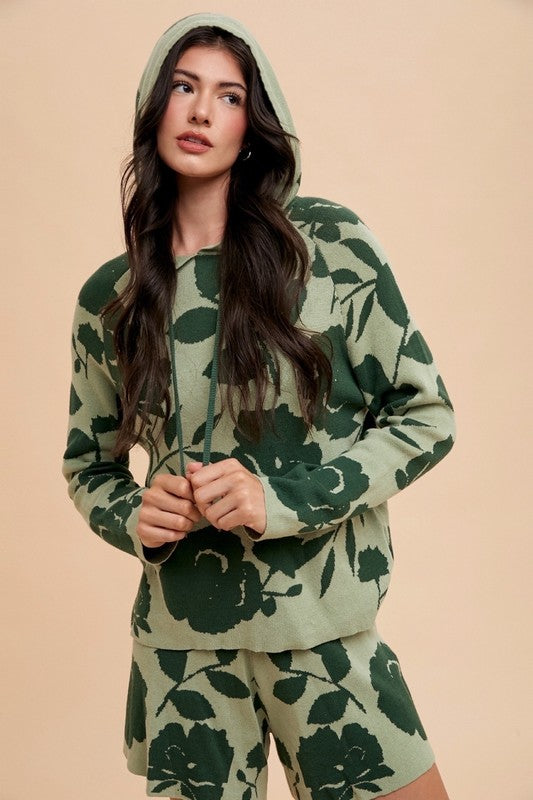 Annie Wear Flower Pattern Drawstring Hooded Top and Shorts Sweater Set-TOPS / DRESSES-[Adult]-[Female]-Green combo-S-2022 Online Blue Zone Planet