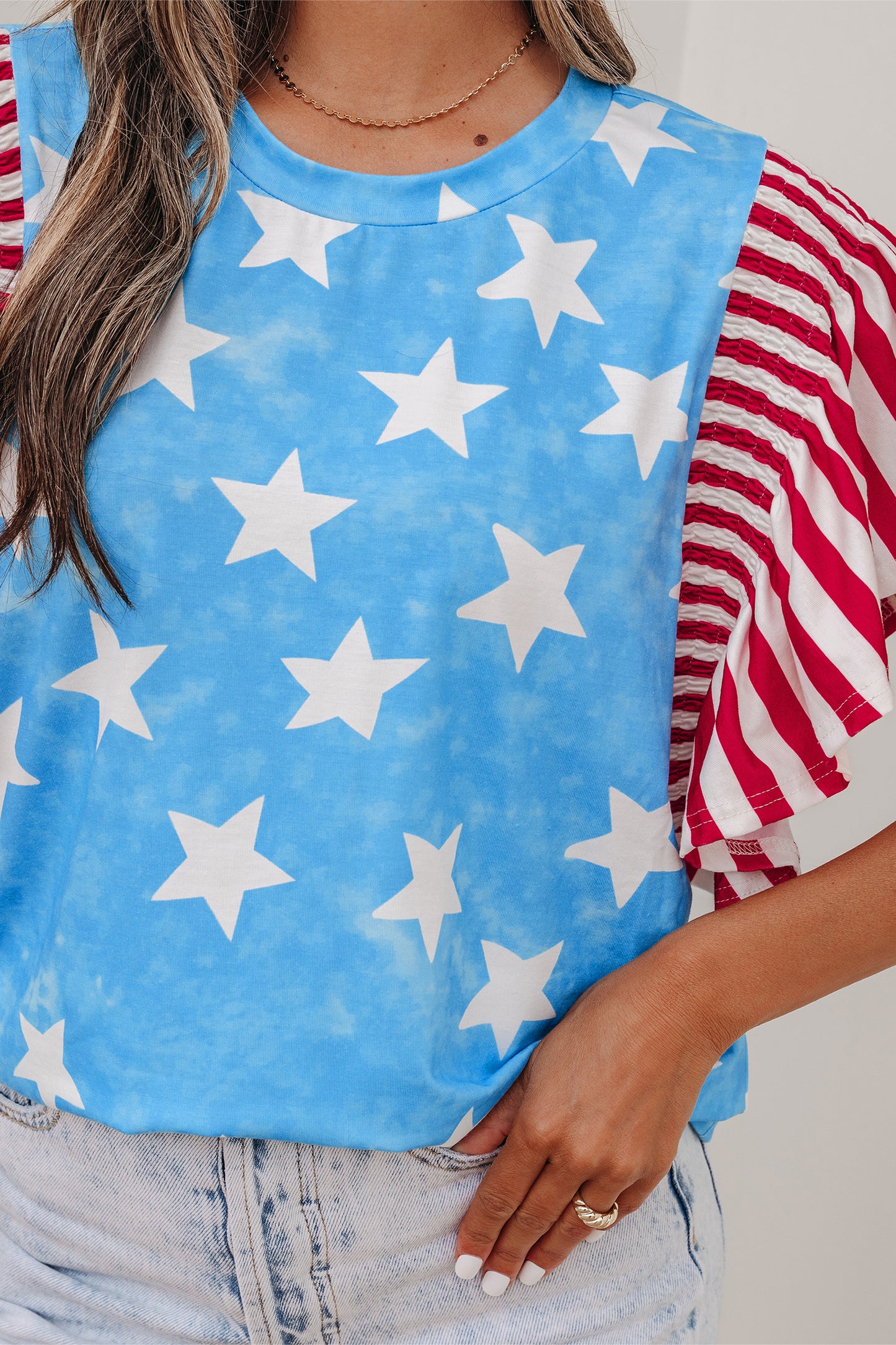 Sky Blue Vintage Star Print Striped Ruffle Sleeve Independence Day Top-Tops/Tops & Tees-[Adult]-[Female]-2022 Online Blue Zone Planet