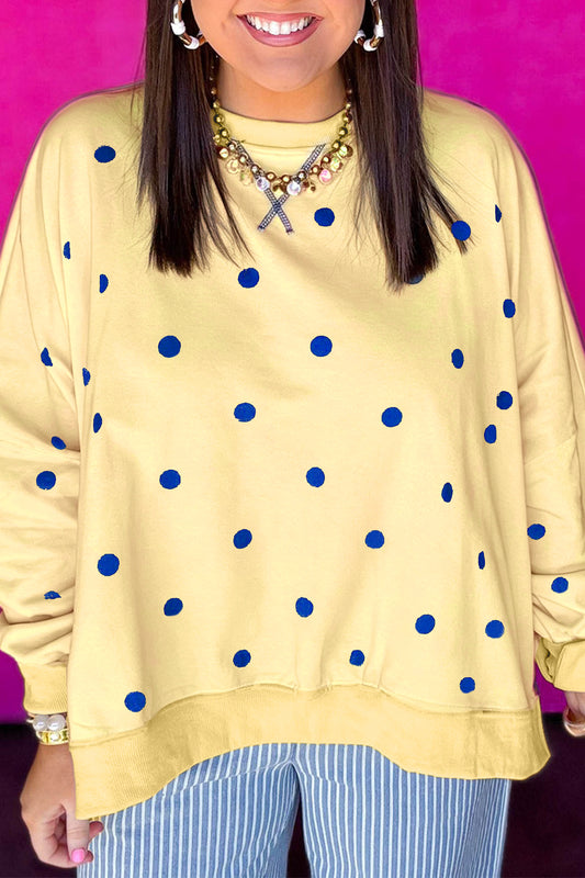 Yellow Round Neck Long Sleeve Polka Dot Plus Size Top-Plus Size/Plus Size Sweatshirts & Hoodies-[Adult]-[Female]-Yellow-1X-2022 Online Blue Zone Planet