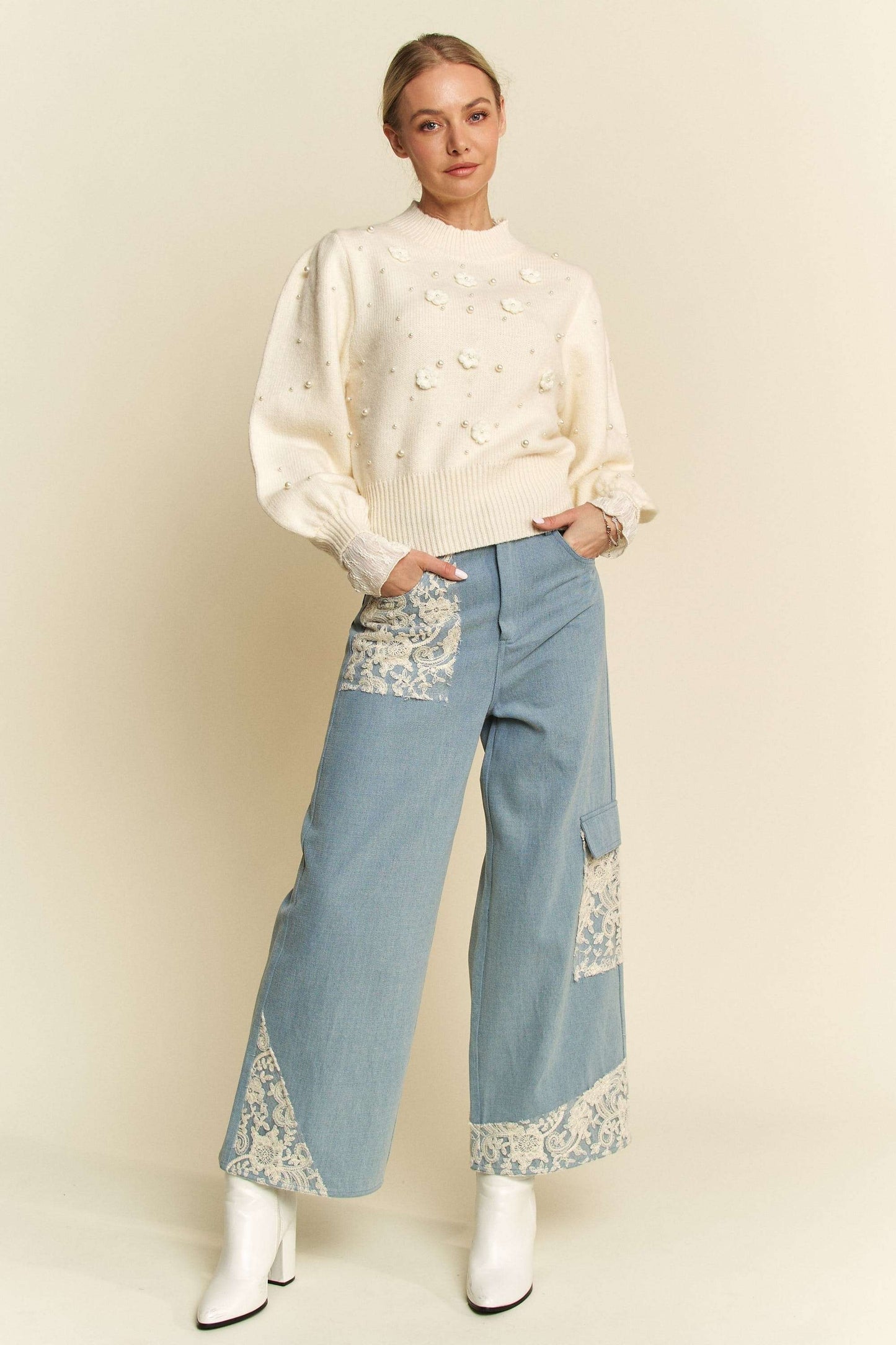 Davi & Dani Lace Applique Wide Leg Jeans-BOTTOMS-[Adult]-[Female]-2022 Online Blue Zone Planet
