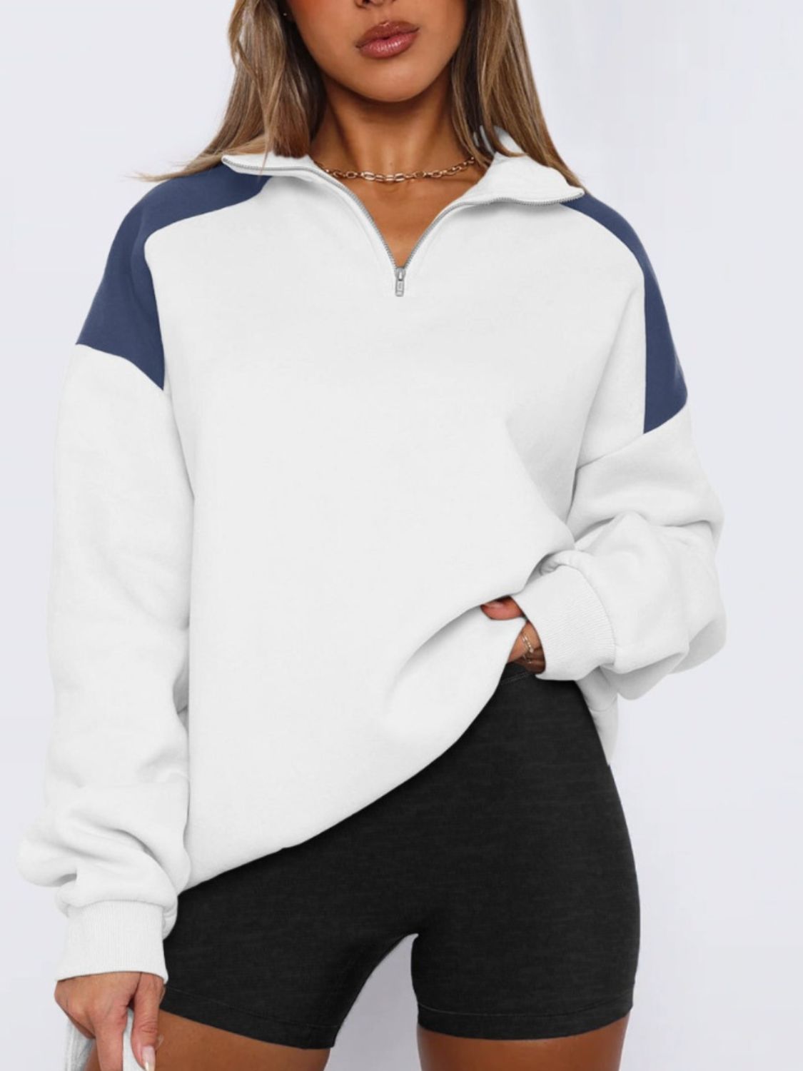 Contrast Quarter Zip Long Sleeve Sweatshirt-TOPS / DRESSES-[Adult]-[Female]-White-S-2022 Online Blue Zone Planet