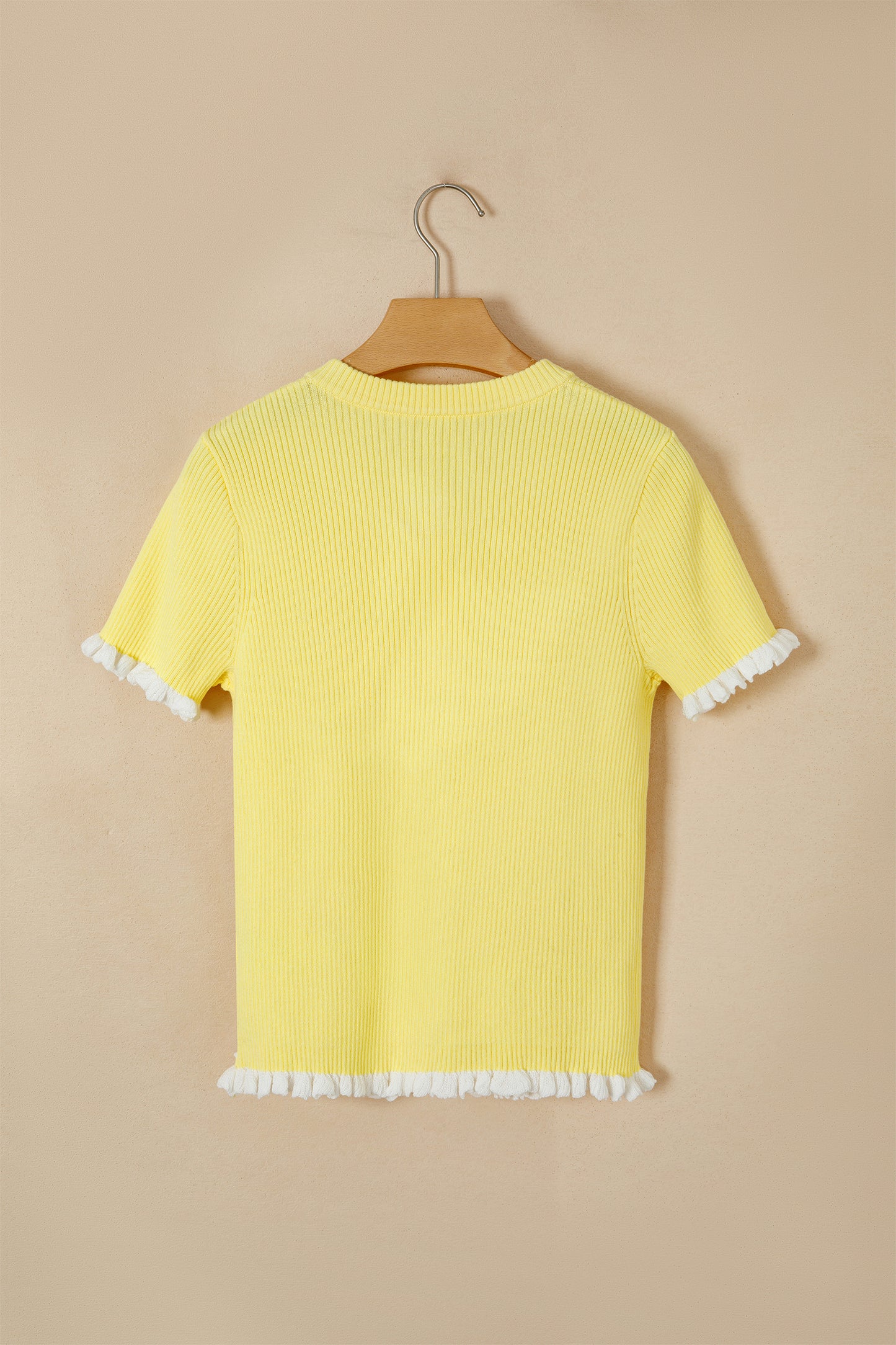 Yellow Cream Ribbed Knit Contrast Frilled Short Sleeve Sweater Cardigan-TOPS / DRESSES-[Adult]-[Female]-2022 Online Blue Zone Planet