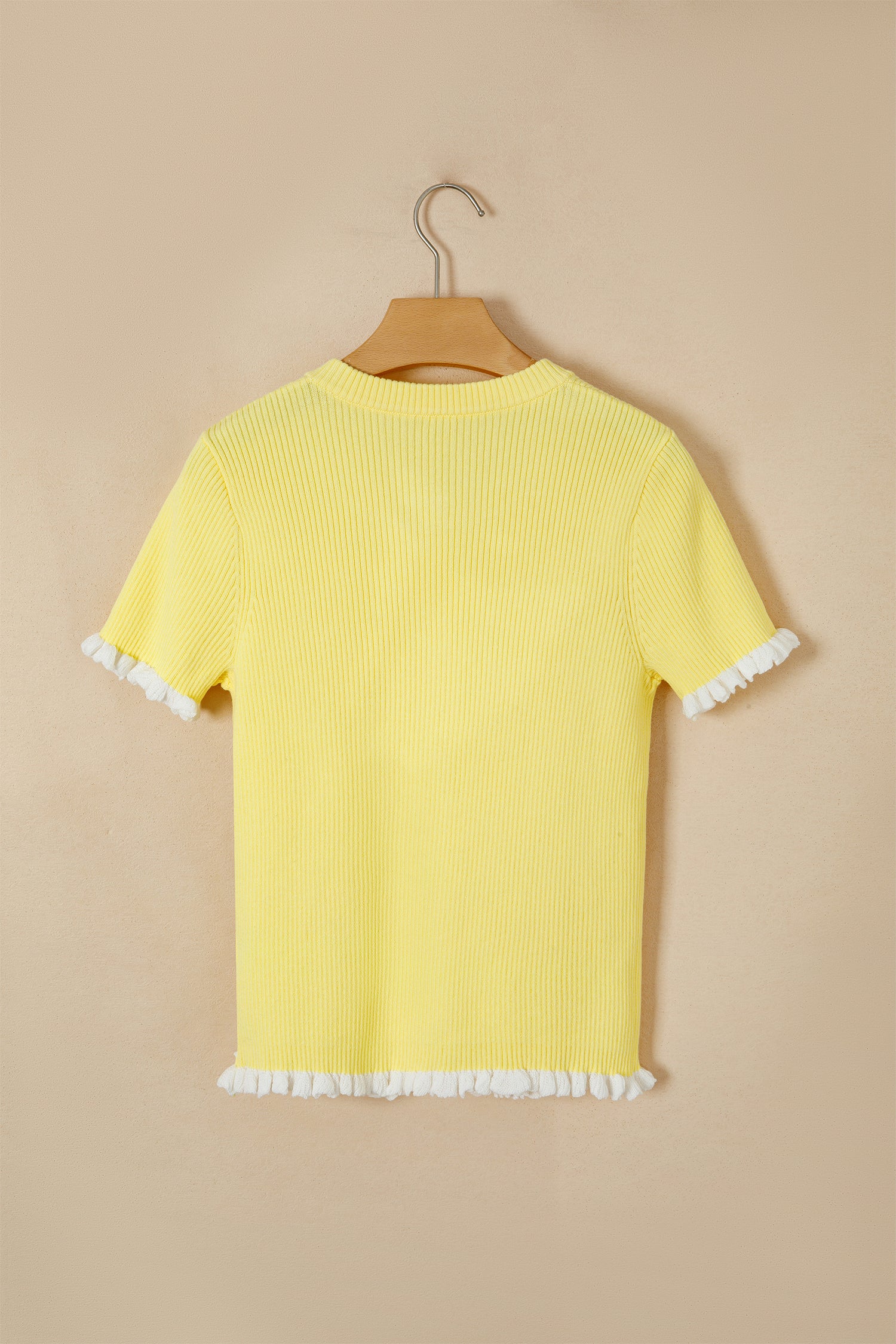 Yellow Cream Ribbed Knit Contrast Frilled Short Sleeve Sweater Cardigan-TOPS / DRESSES-[Adult]-[Female]-2022 Online Blue Zone Planet