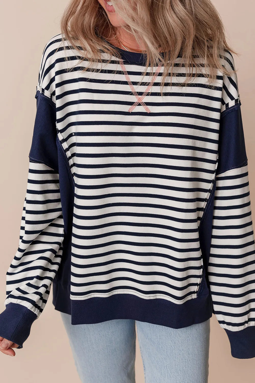 Striped Round Neck Long Sleeve Sweatshirt-TOPS / DRESSES-[Adult]-[Female]-2022 Online Blue Zone Planet