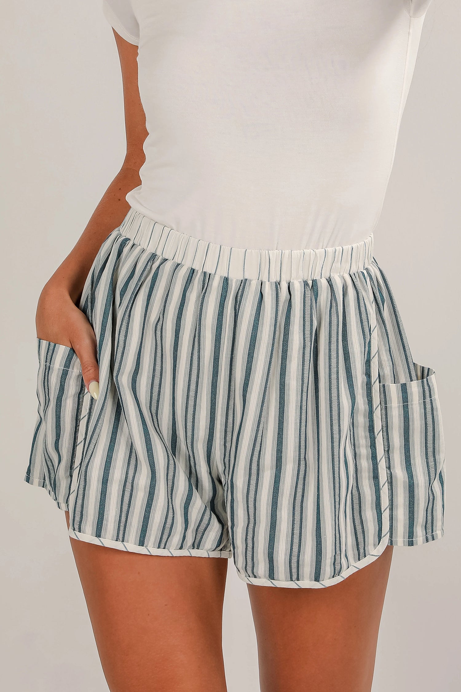 Gray Stripe Elastic Waist Cargo Pocket Casual Shorts-Bottoms/Casual Shorts-[Adult]-[Female]-Gray Stripe-S-2022 Online Blue Zone Planet