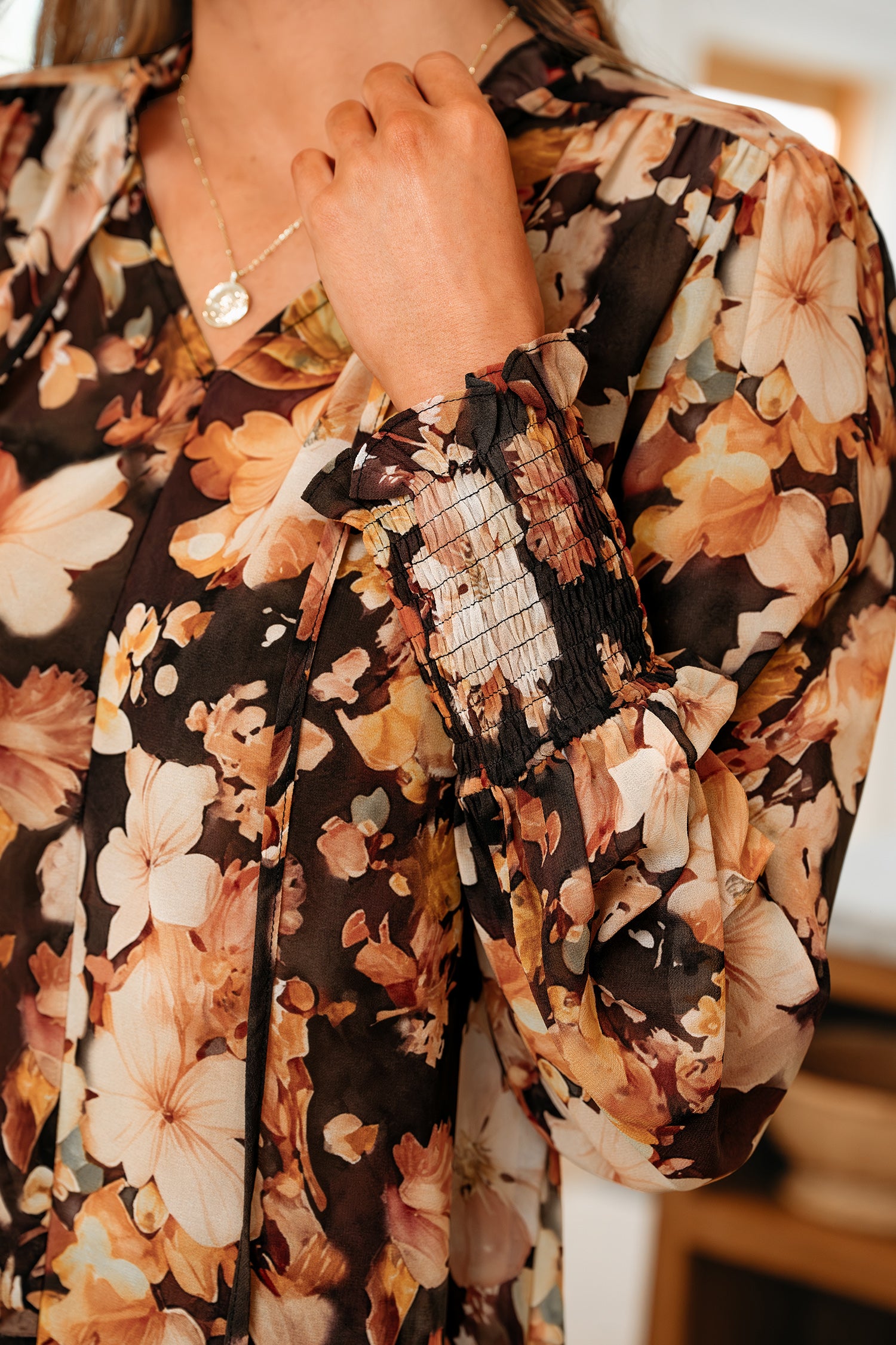 Black Floral V Neck Long Puff Sleeve Breezy Blouse-Tops/Blouses & Shirts-[Adult]-[Female]-2022 Online Blue Zone Planet