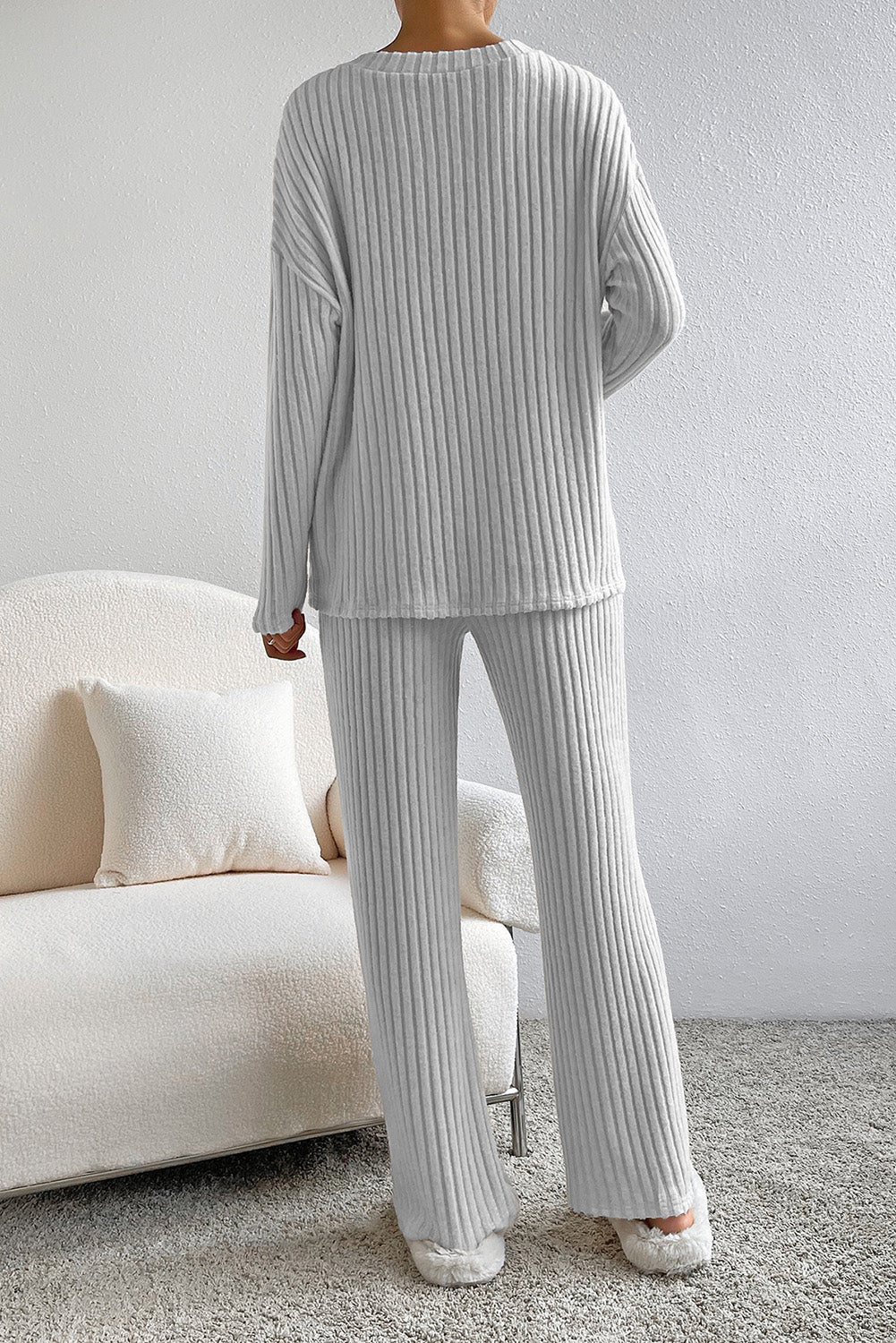 Light Grey Ribbed Knit V Neck Slouchy Two-piece Outfit-Loungewear & Sleepwear/Loungewear-[Adult]-[Female]-2022 Online Blue Zone Planet