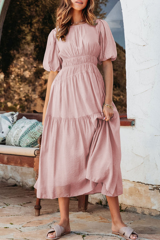 Pink Puff Sleeve Pleated High Waist Flowy Long Dress-TOPS / DRESSES-[Adult]-[Female]-Pink-S-2022 Online Blue Zone Planet