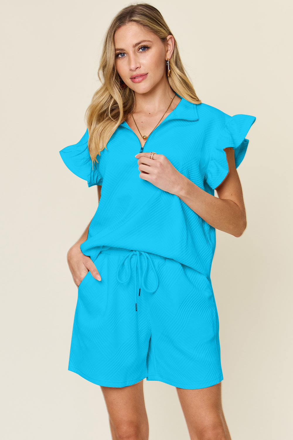 Blue Zone Planet | Double Take Full Size Texture Flounce Sleeve Top and Drawstring Shorts Set-TOPS / DRESSES-[Adult]-[Female]-Sky Blue-S-2022 Online Blue Zone Planet