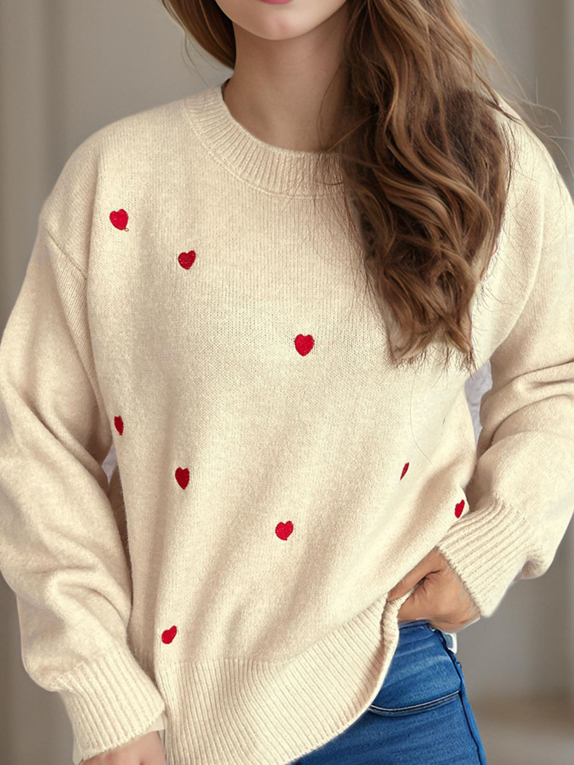 Heart Round Neck Long Sleeve Sweater-TOPS / DRESSES-[Adult]-[Female]-2022 Online Blue Zone Planet