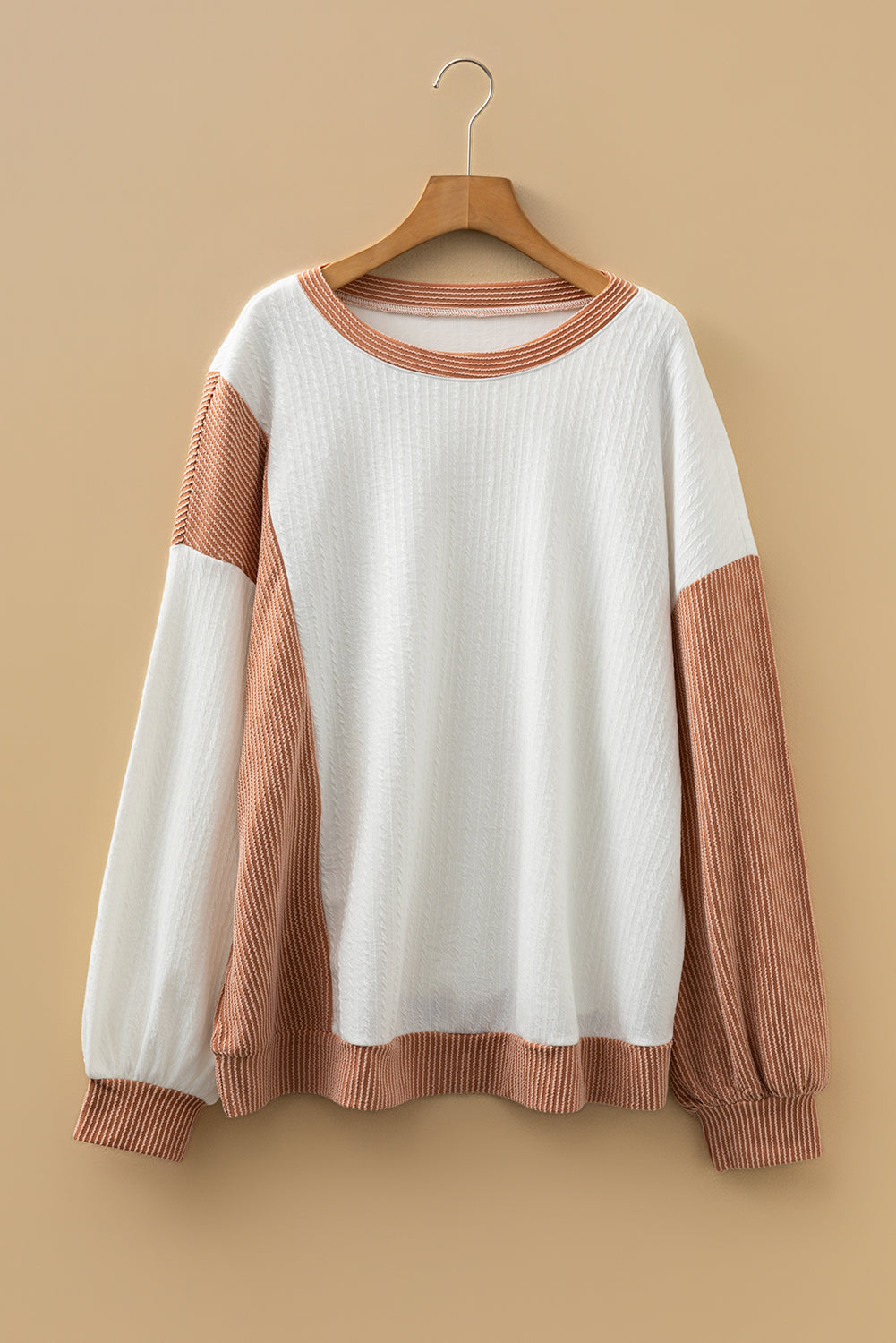 White Cable Texture Ribbed Color Block Plus Size Knit Top-Plus Size/Plus Size Tops/Plus Size Long Sleeve Tops-[Adult]-[Female]-2022 Online Blue Zone Planet