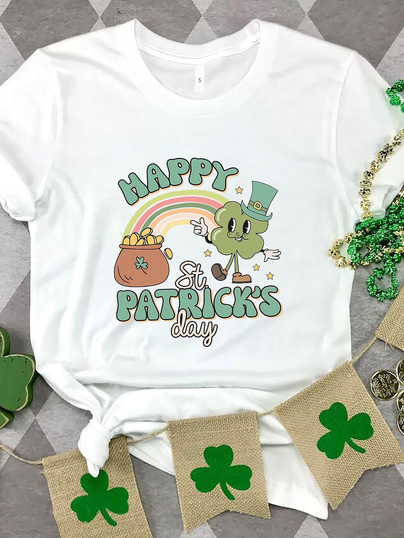 HAPPY ST PATRICK'S DAY Round Neck T-Shirt-TOPS / DRESSES-[Adult]-[Female]-White-S-2022 Online Blue Zone Planet