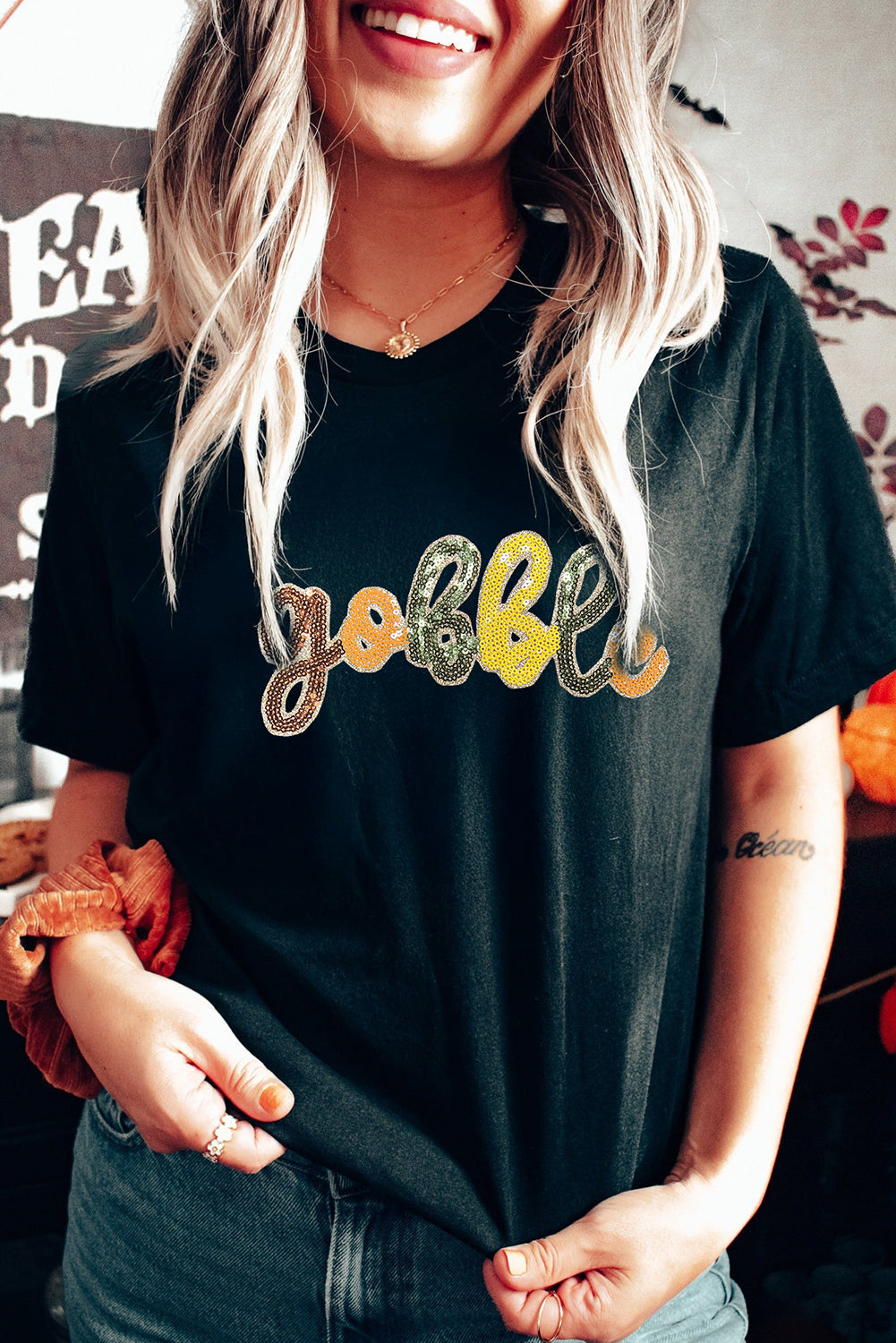 Black gobble Sequin Letter Graphic Thanksgiving T Shirt-Graphic/Graphic Tees-[Adult]-[Female]-2022 Online Blue Zone Planet