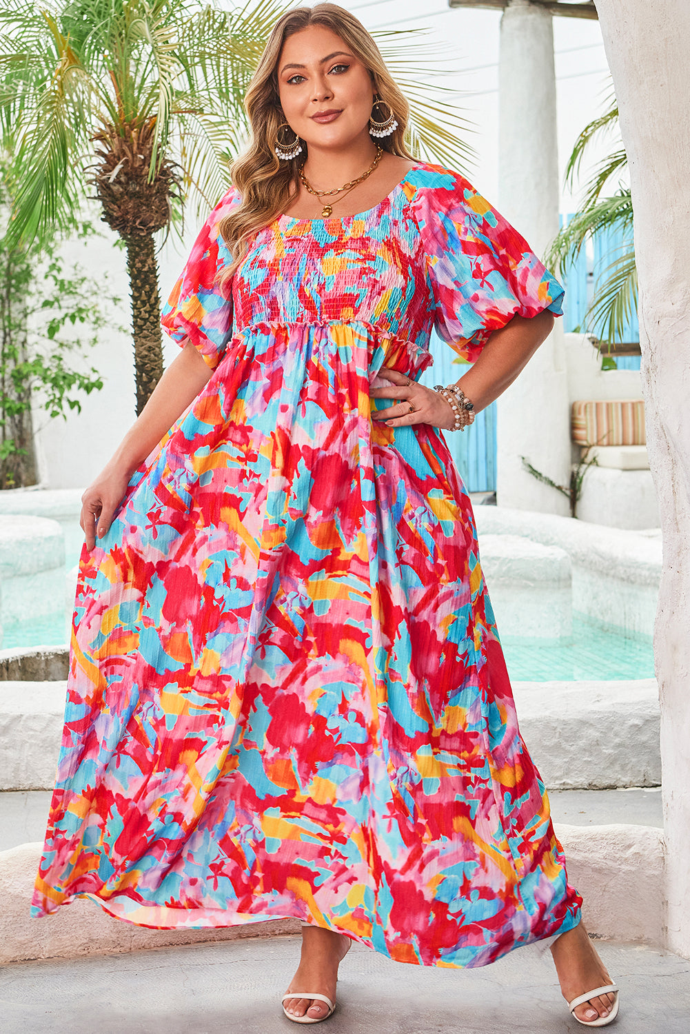 Rose Abstract Printed Puff Sleeve Square Neck Smocked Bust Tied Back Plus Size Dress-TOPS / DRESSES-[Adult]-[Female]-2022 Online Blue Zone Planet