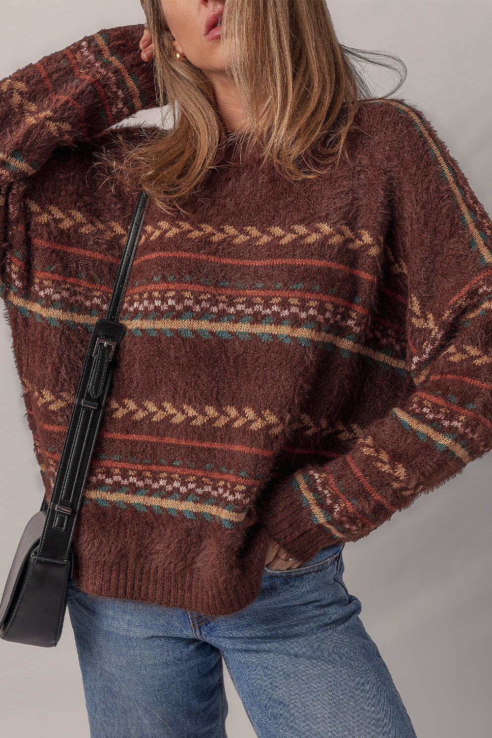 Brown Ethnic Pattern Mohair Knitted Drop Shoulder Sweater-TOPS / DRESSES-[Adult]-[Female]-2022 Online Blue Zone Planet