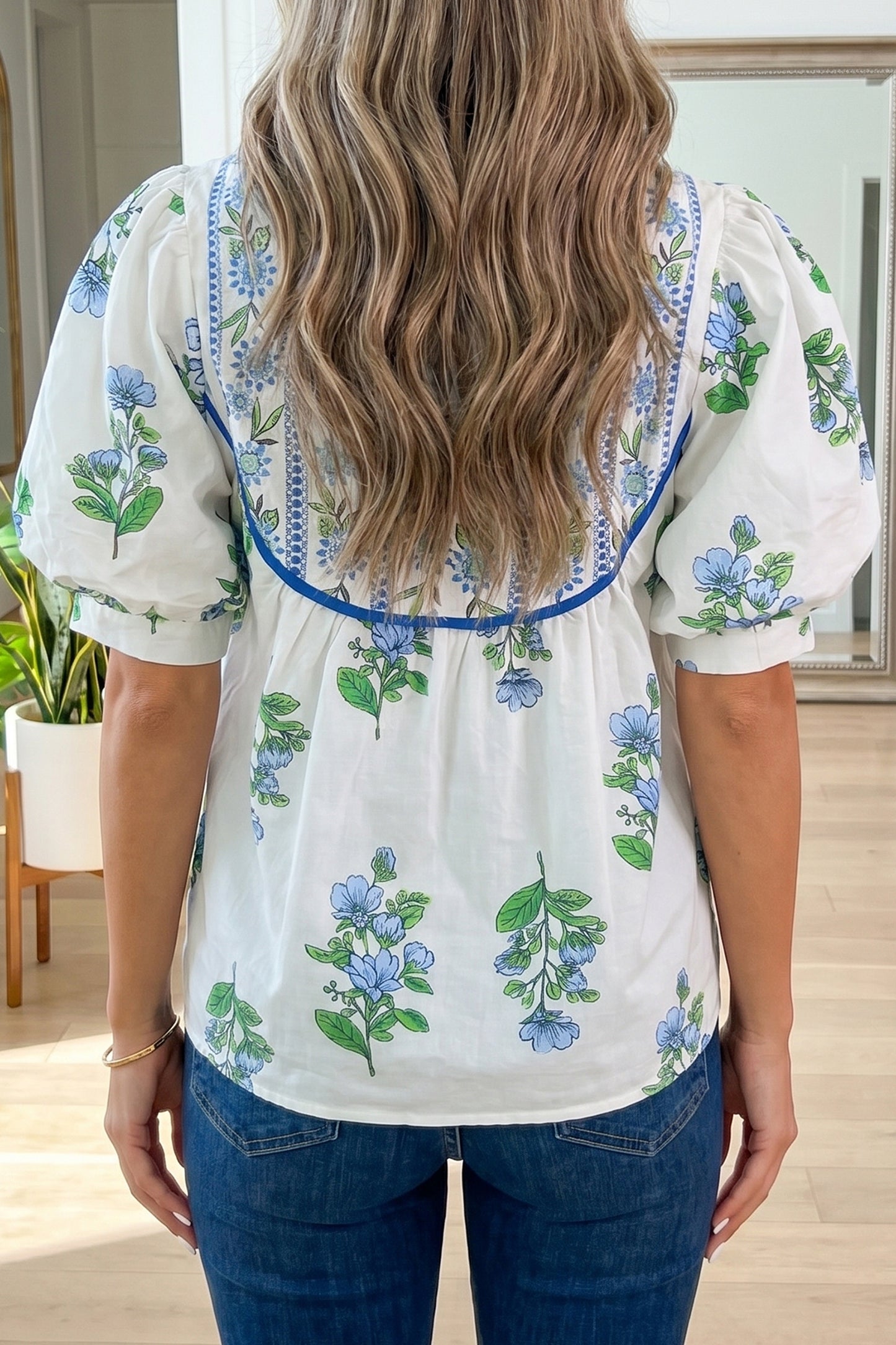 White Floral Print Contrast Trim Tie Neck Blouse-Tops/Blouses & Shirts-[Adult]-[Female]-2022 Online Blue Zone Planet