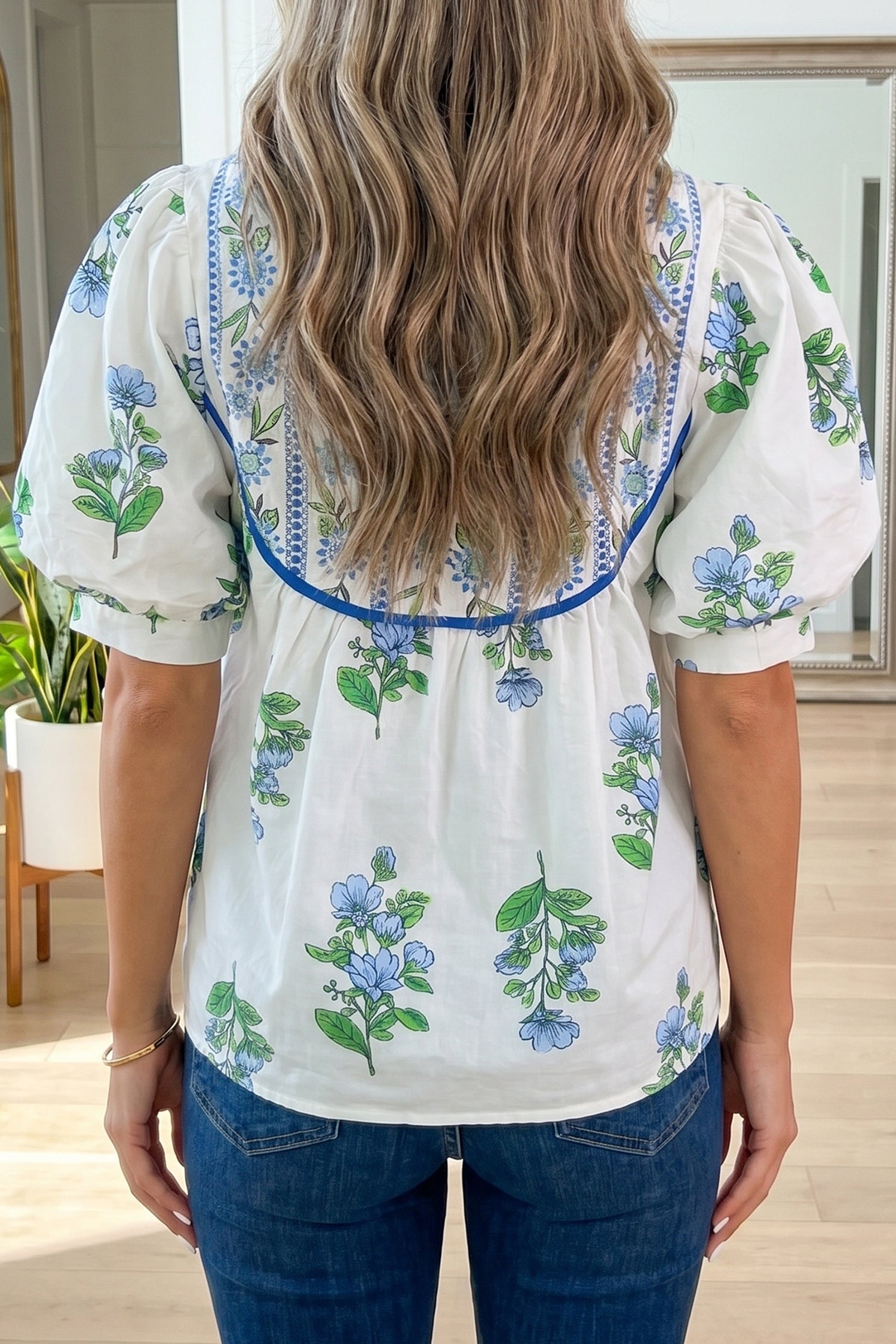 White Floral Print Contrast Trim Tie Neck Blouse-Tops/Blouses & Shirts-[Adult]-[Female]-2022 Online Blue Zone Planet