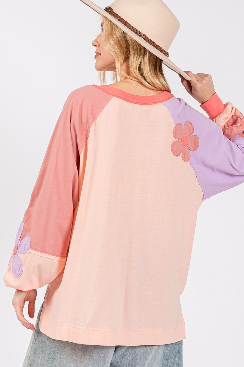 SAGE + FIG Full Size Daisy Applique Patch Color Block Long Sleeve Top-TOPS / DRESSES-[Adult]-[Female]-2022 Online Blue Zone Planet