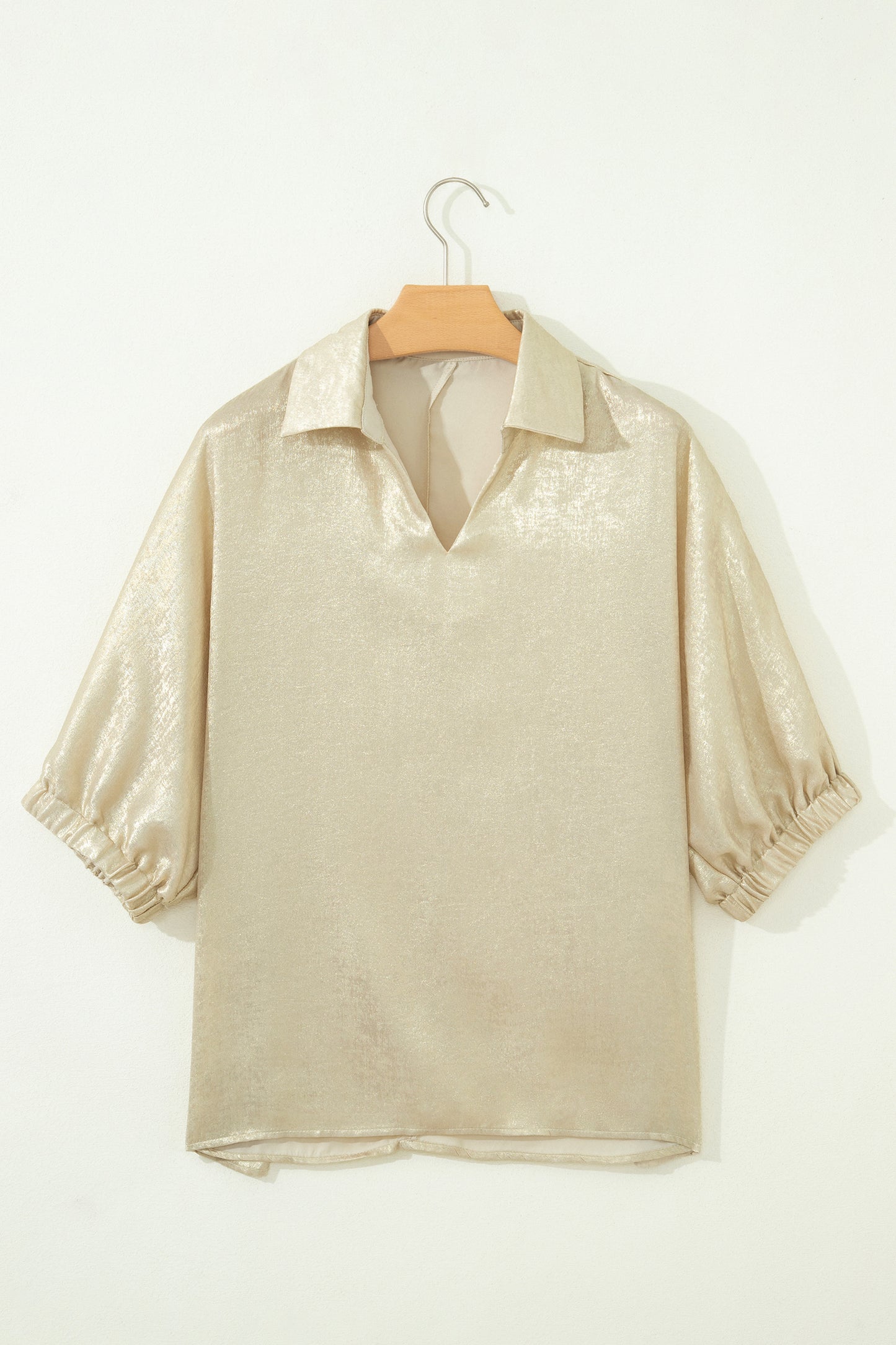 Clearly Aqua Collared V Neck Half Sleeve Metallic Top-Tops/Blouses & Shirts-[Adult]-[Female]-2022 Online Blue Zone Planet