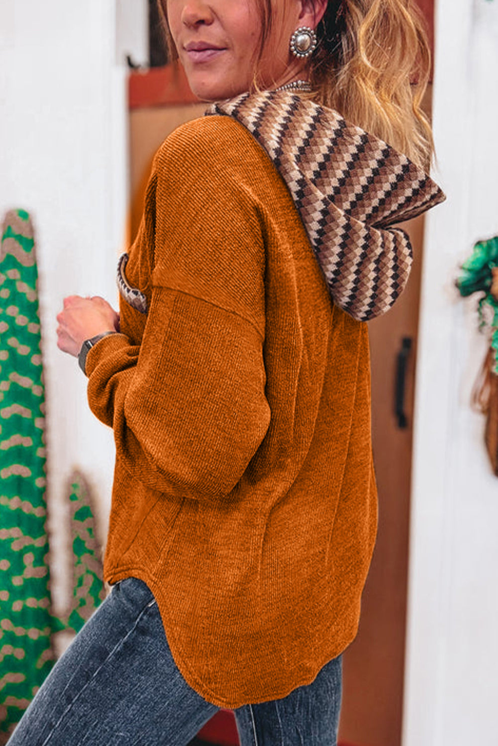 Straw Yellow Contrast Plaid Hood Patchwork Chest Pocket Henley Top-Tops / Dresses-[Adult]-[Female]-2022 Online Blue Zone Planet