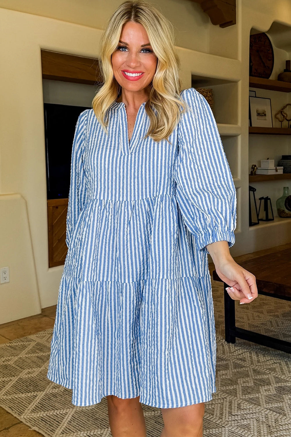 Sky Blue Stripe Bracelet Sleeve Tiered Shift Dress with Pockets-Dresses/Mini Dresses-[Adult]-[Female]-2022 Online Blue Zone Planet