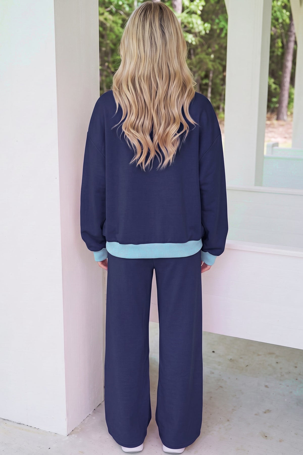 Light Pink Color Block Trim Long Sleeve Pullover Drawstring Shift Pants Set-Two Piece Sets/Pant Sets-[Adult]-[Female]-2022 Online Blue Zone Planet